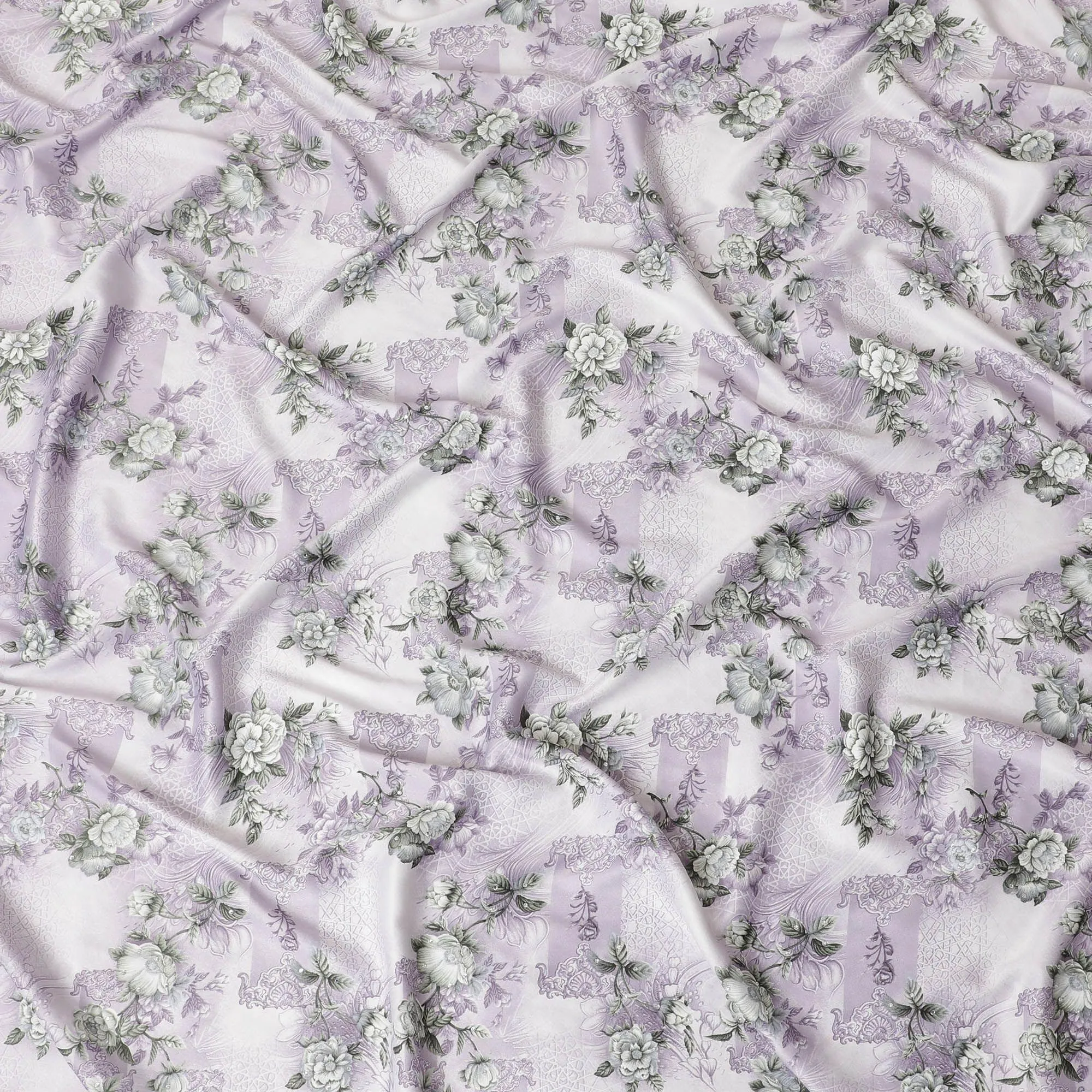 Off white synthetic crepe fabric with light lilac and turquoise green print having stone work in floral design-D15306