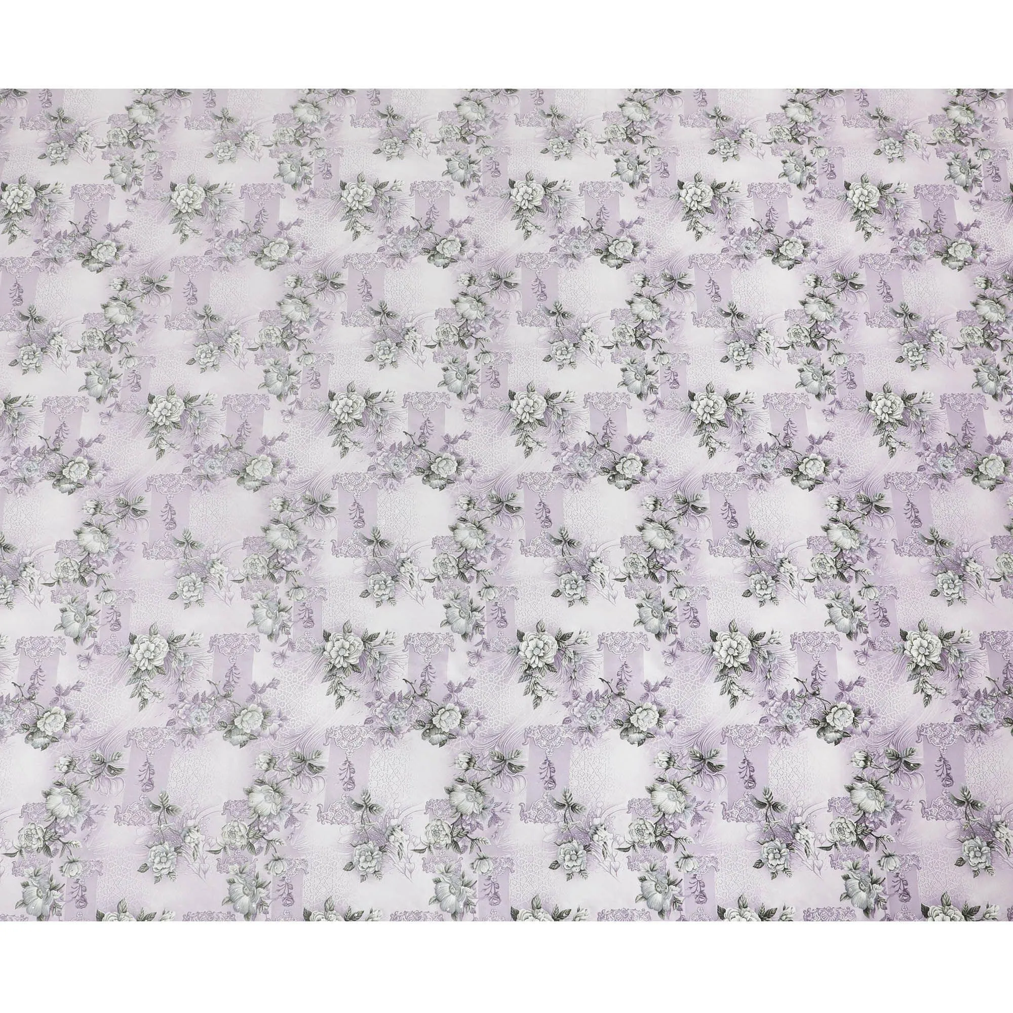 Off white synthetic crepe fabric with light lilac and turquoise green print having stone work in floral design-D15306