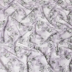 Off white synthetic crepe fabric with light lilac and turquoise green print having stone work in floral design-D15306
