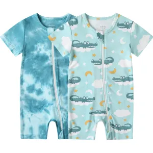 Owlivia Baby Short-Sleeve Summer Romper Set 2-Pack Tank Romper Jumpsuit for Girls and Boys(Crocodile & Tie Dye Green)