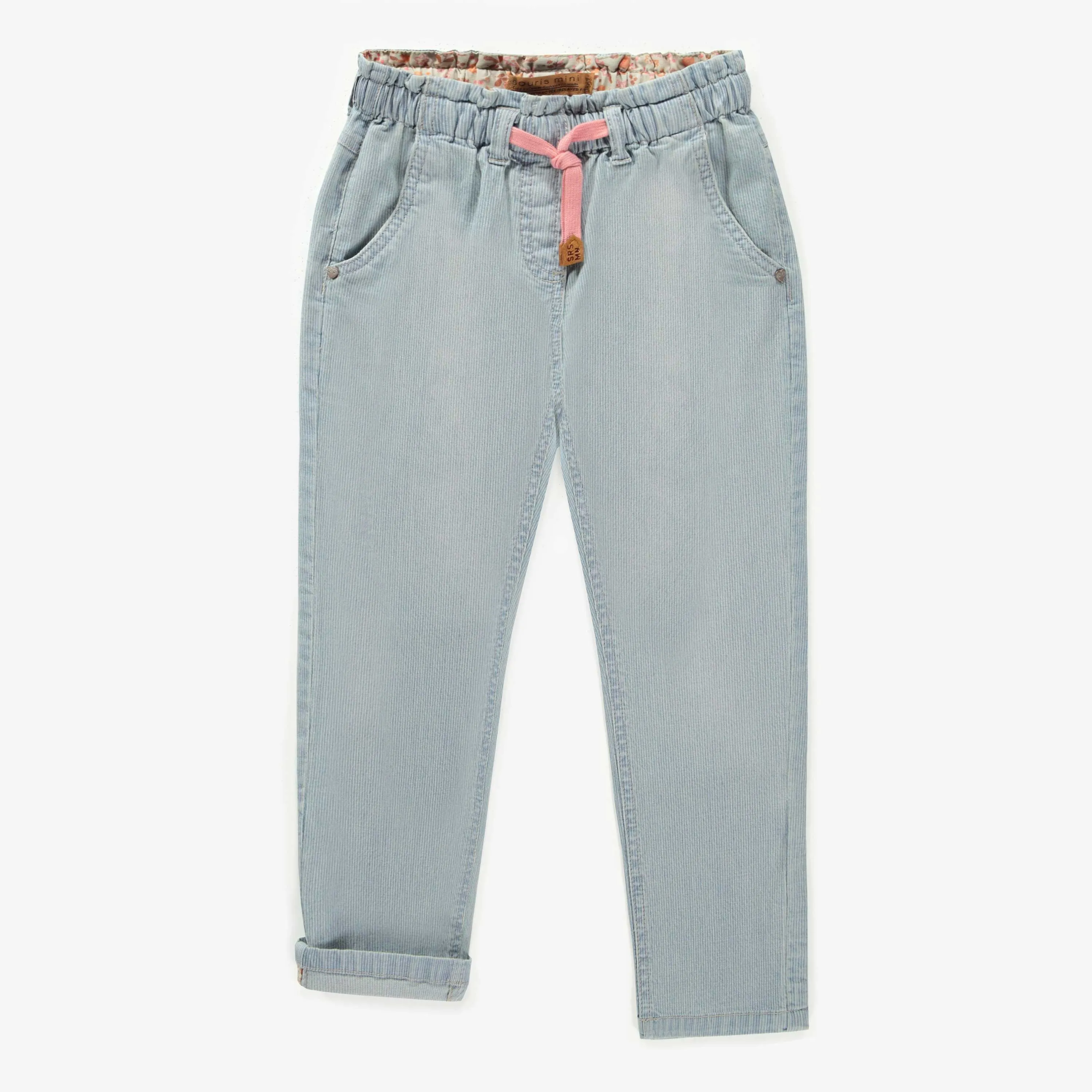 Pantalon coupe décontractée à jambe fuselée en denim extensible, rayé bleu pâle, enfant  || Relaxed fit pants with tapered leg, stretch denim, light blue, child