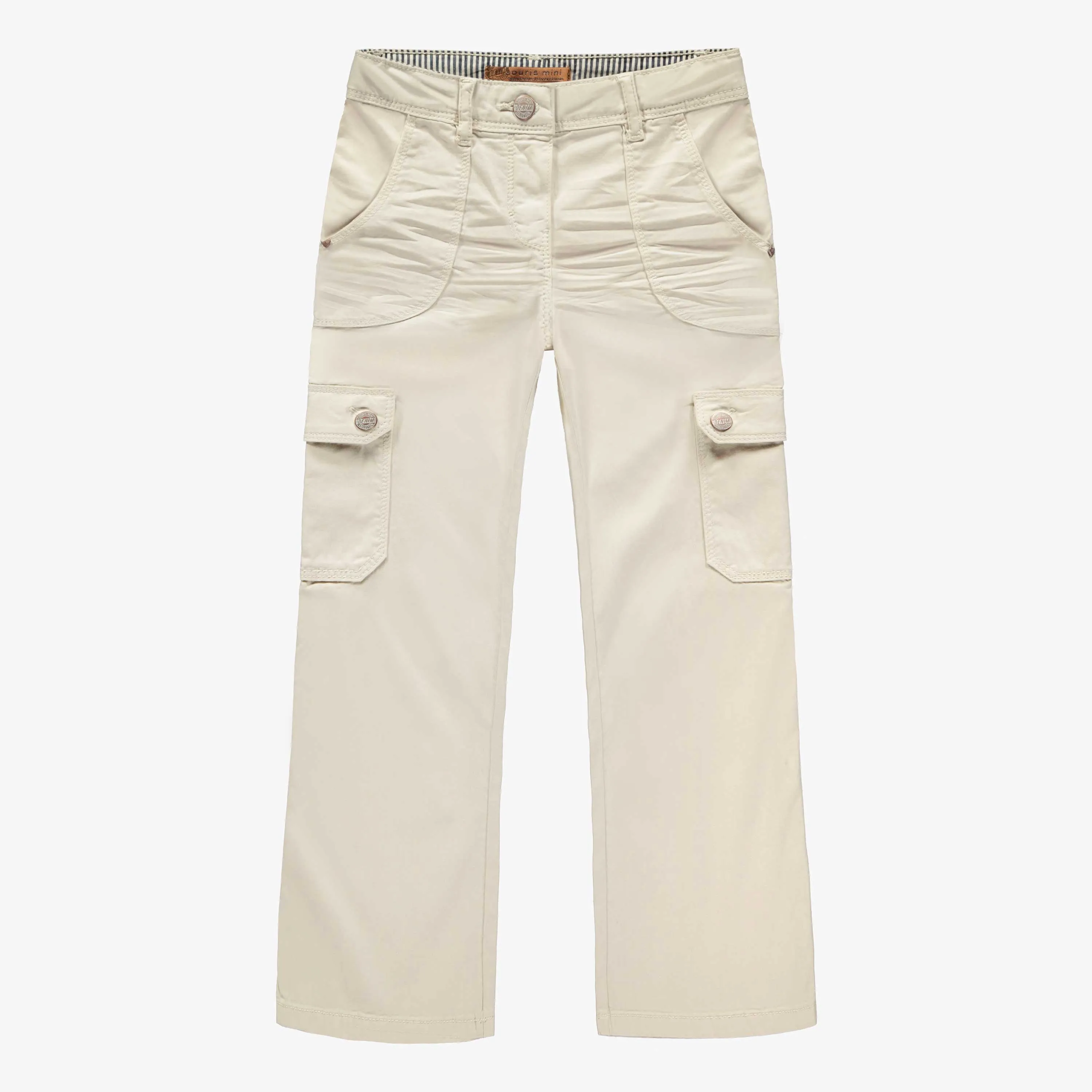 Pantalon crème cargo coupe régulière à jambes larges en denim twill extensible, enfant  || Cream cargo pants, regular fit, wide-leg in stretch twill denim, child