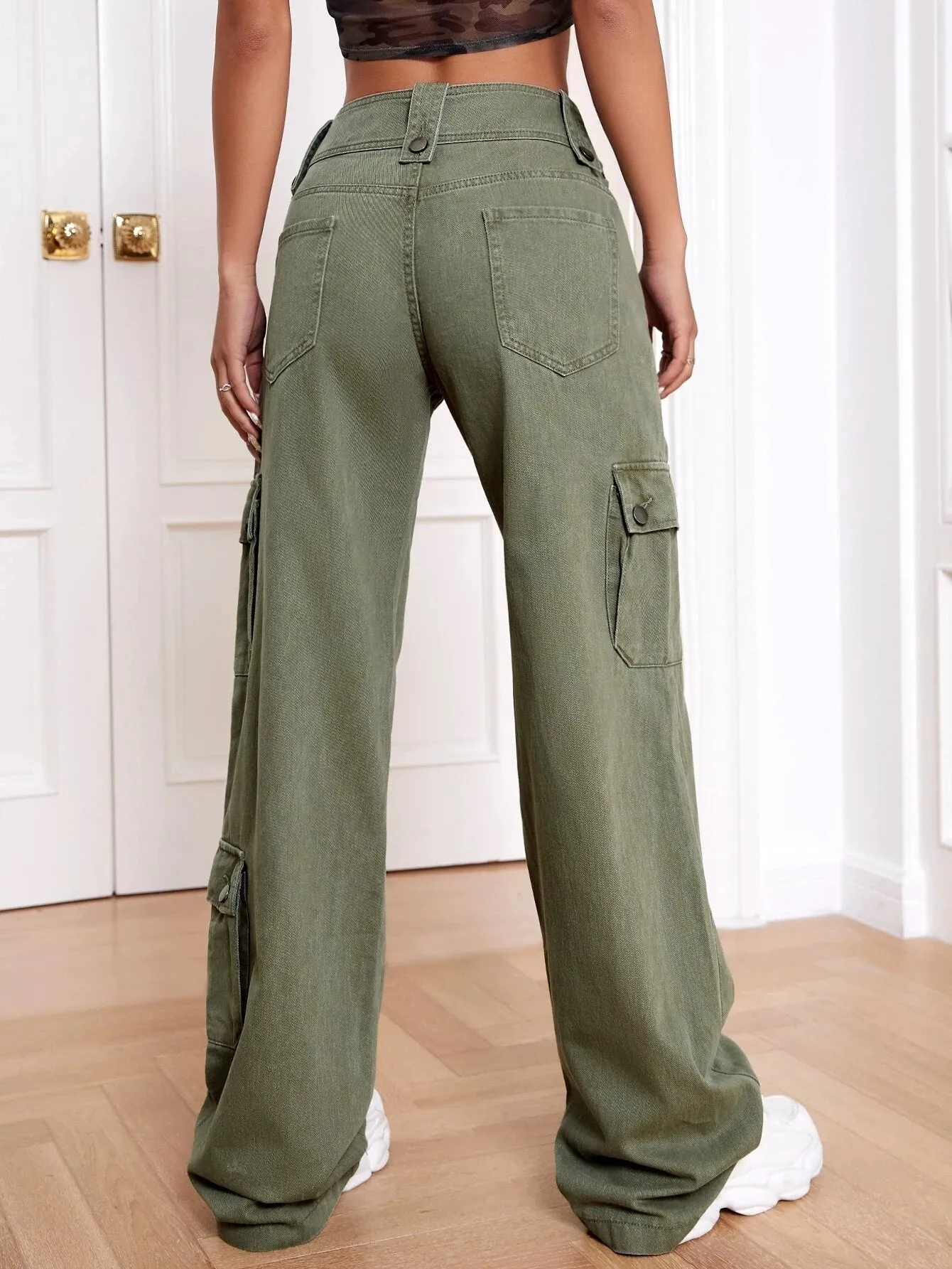 Plain Non-Stretch Flap Pocket Cargo Jeans