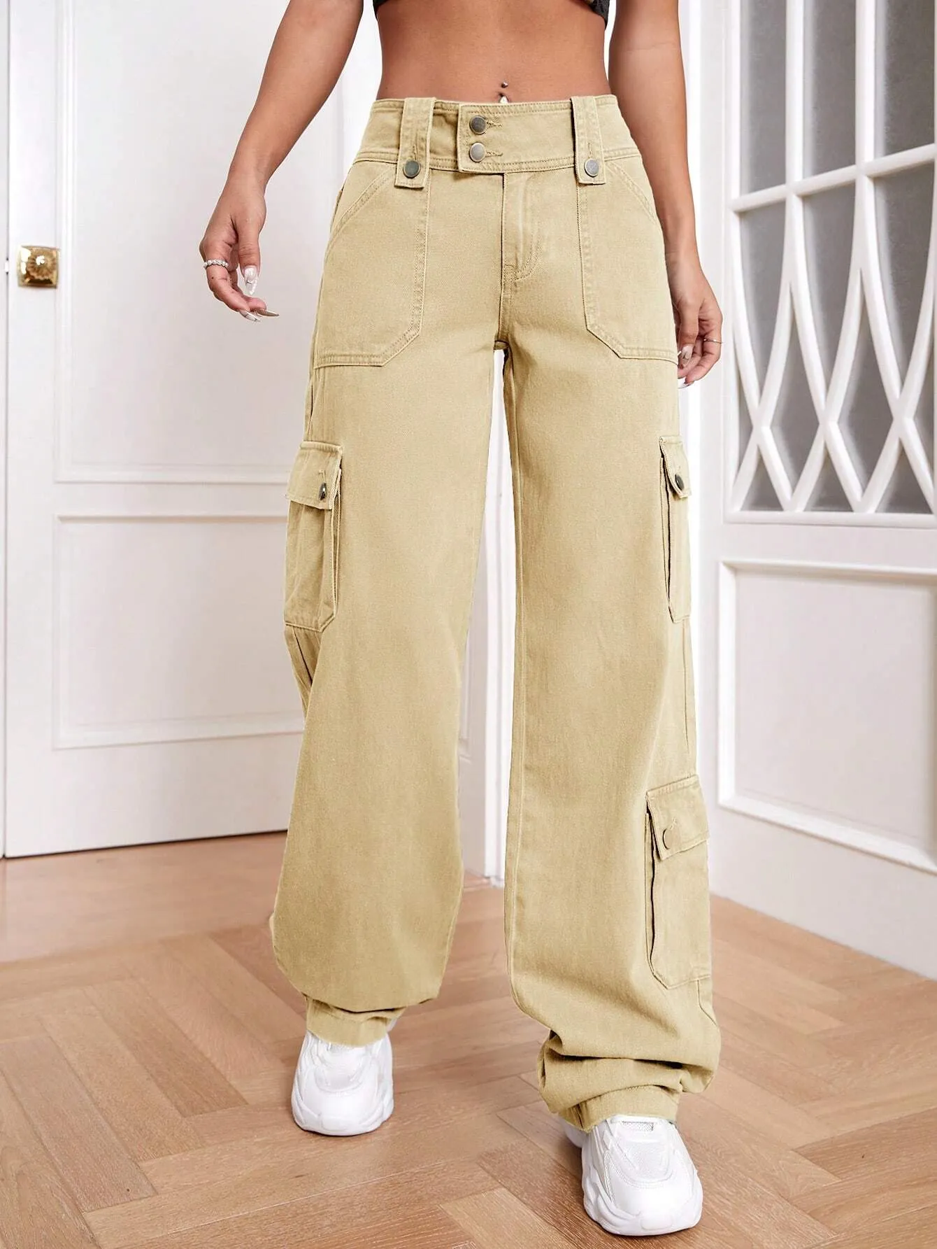 Plain Non-Stretch Flap Pocket Cargo Jeans