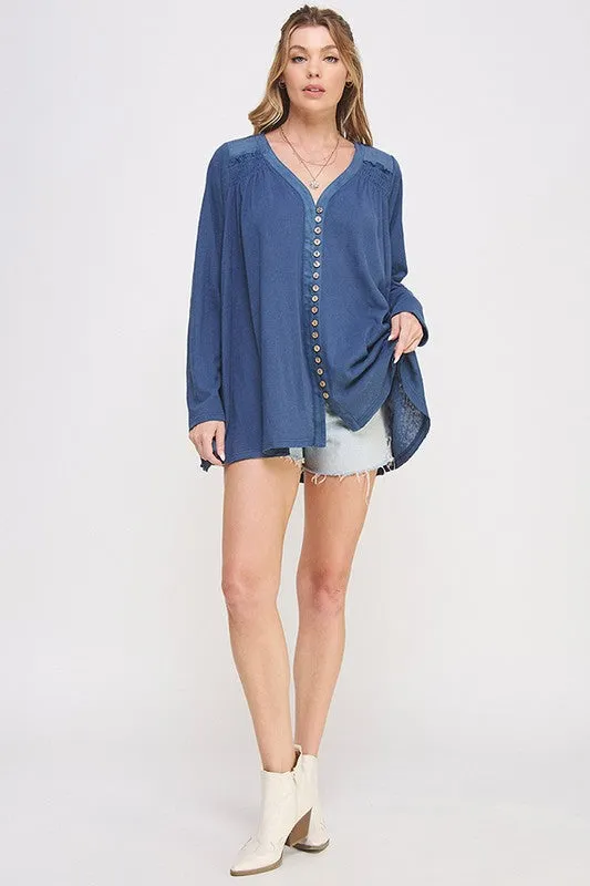 PLUS SIZE LONG SLV V-NECK OVERSIZED BUTTON DOWN TUNIC - online Exclusive