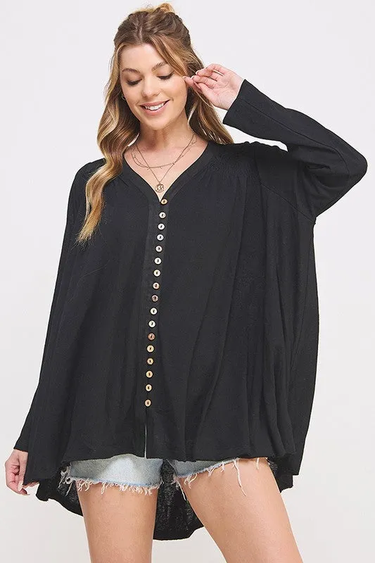 PLUS SIZE LONG SLV V-NECK OVERSIZED BUTTON DOWN TUNIC - online Exclusive