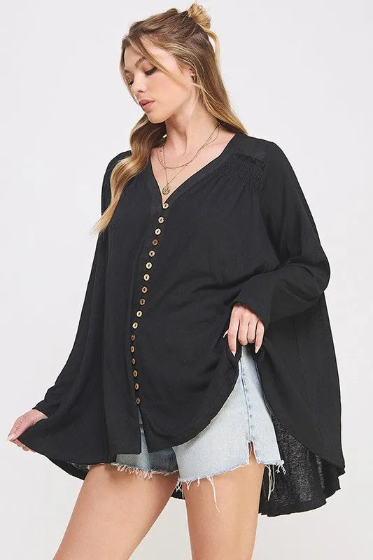 PLUS SIZE LONG SLV V-NECK OVERSIZED BUTTON DOWN TUNIC - online Exclusive