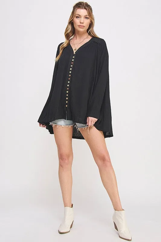 PLUS SIZE LONG SLV V-NECK OVERSIZED BUTTON DOWN TUNIC - online Exclusive