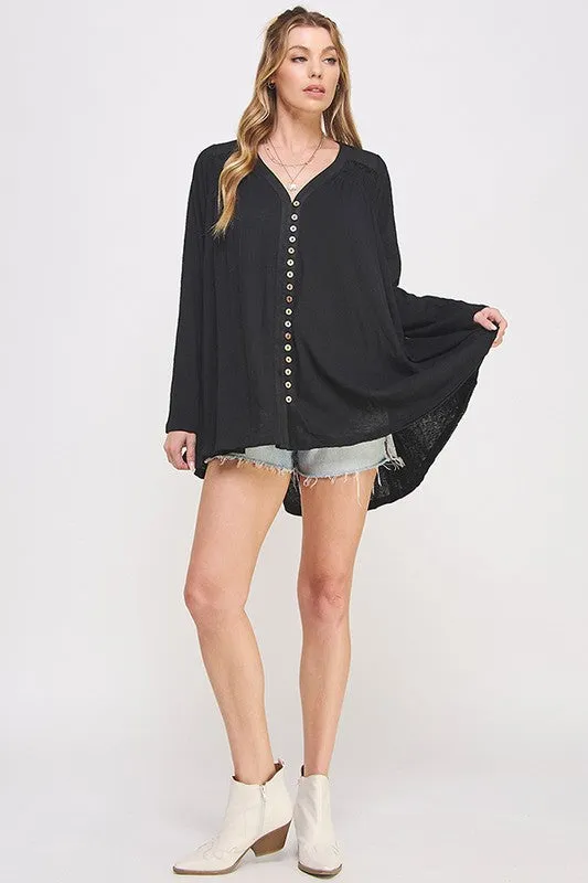 PLUS SIZE LONG SLV V-NECK OVERSIZED BUTTON DOWN TUNIC - online Exclusive