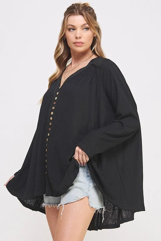 PLUS SIZE LONG SLV V-NECK OVERSIZED BUTTON DOWN TUNIC - online Exclusive