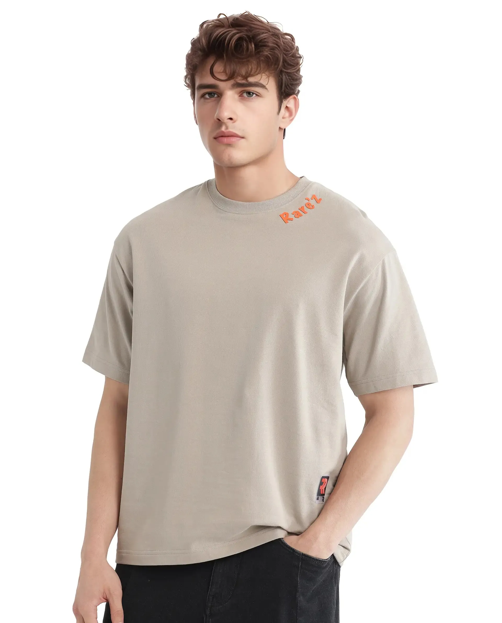 Rare Rabbit Men Clay Beige Cotton Fabric Short Sleeve Crew Neck Oversized Fit Graphic Backprint T-Shirt