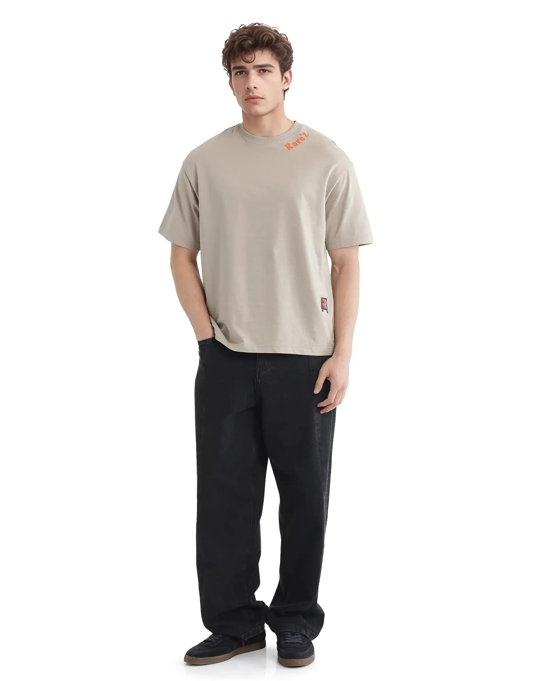 Rare Rabbit Men Clay Beige Cotton Fabric Short Sleeve Crew Neck Oversized Fit Graphic Backprint T-Shirt