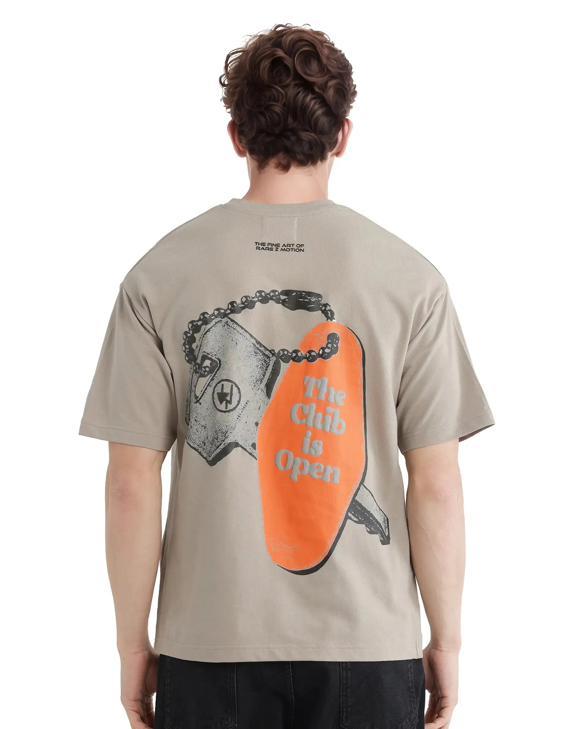 Rare Rabbit Men Clay Beige Cotton Fabric Short Sleeve Crew Neck Oversized Fit Graphic Backprint T-Shirt