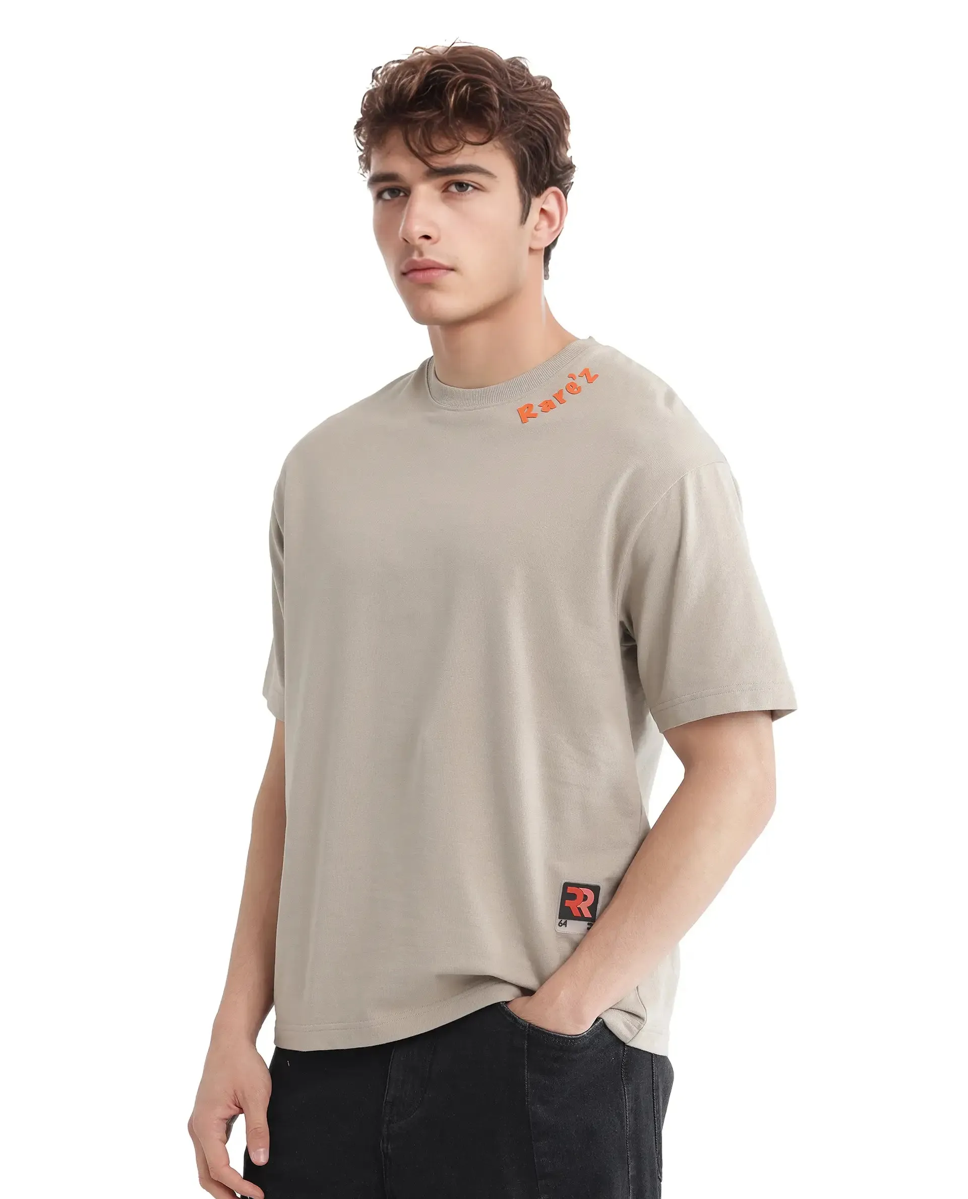 Rare Rabbit Men Clay Beige Cotton Fabric Short Sleeve Crew Neck Oversized Fit Graphic Backprint T-Shirt