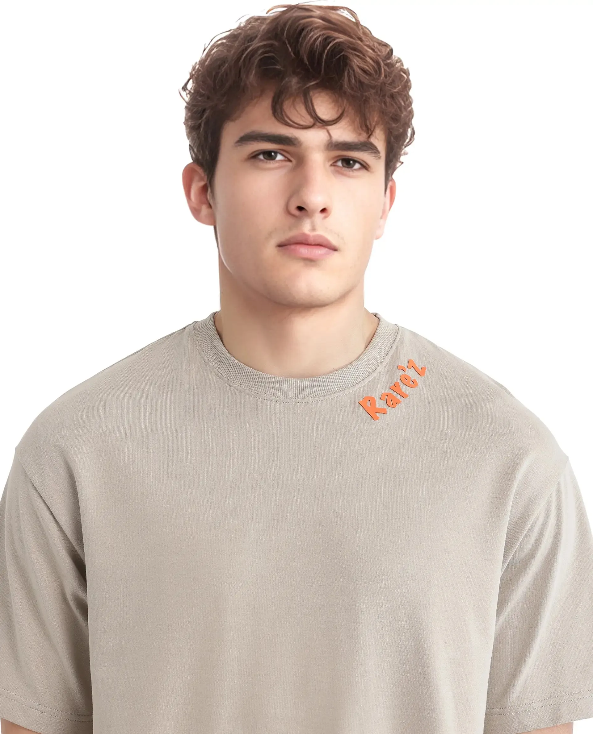 Rare Rabbit Men Clay Beige Cotton Fabric Short Sleeve Crew Neck Oversized Fit Graphic Backprint T-Shirt