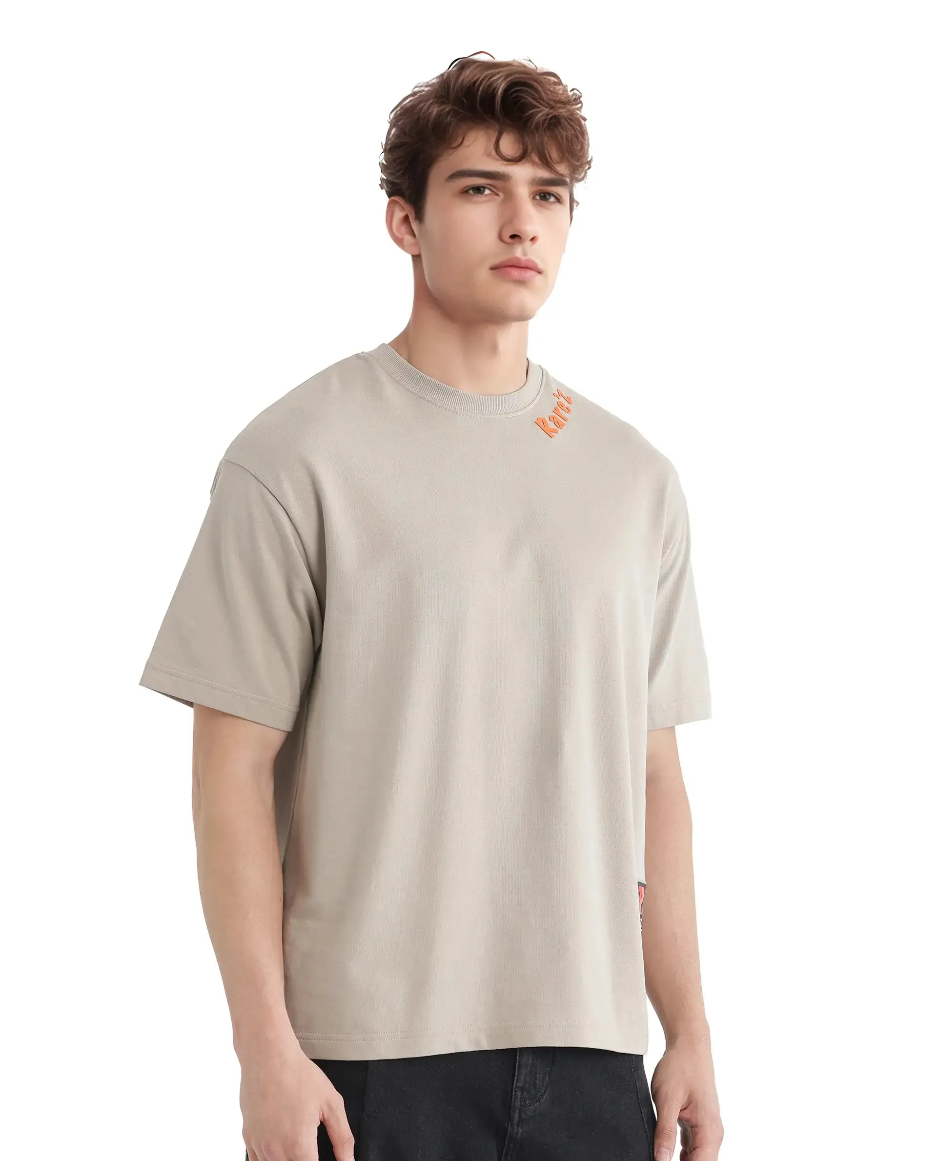Rare Rabbit Men Clay Beige Cotton Fabric Short Sleeve Crew Neck Oversized Fit Graphic Backprint T-Shirt