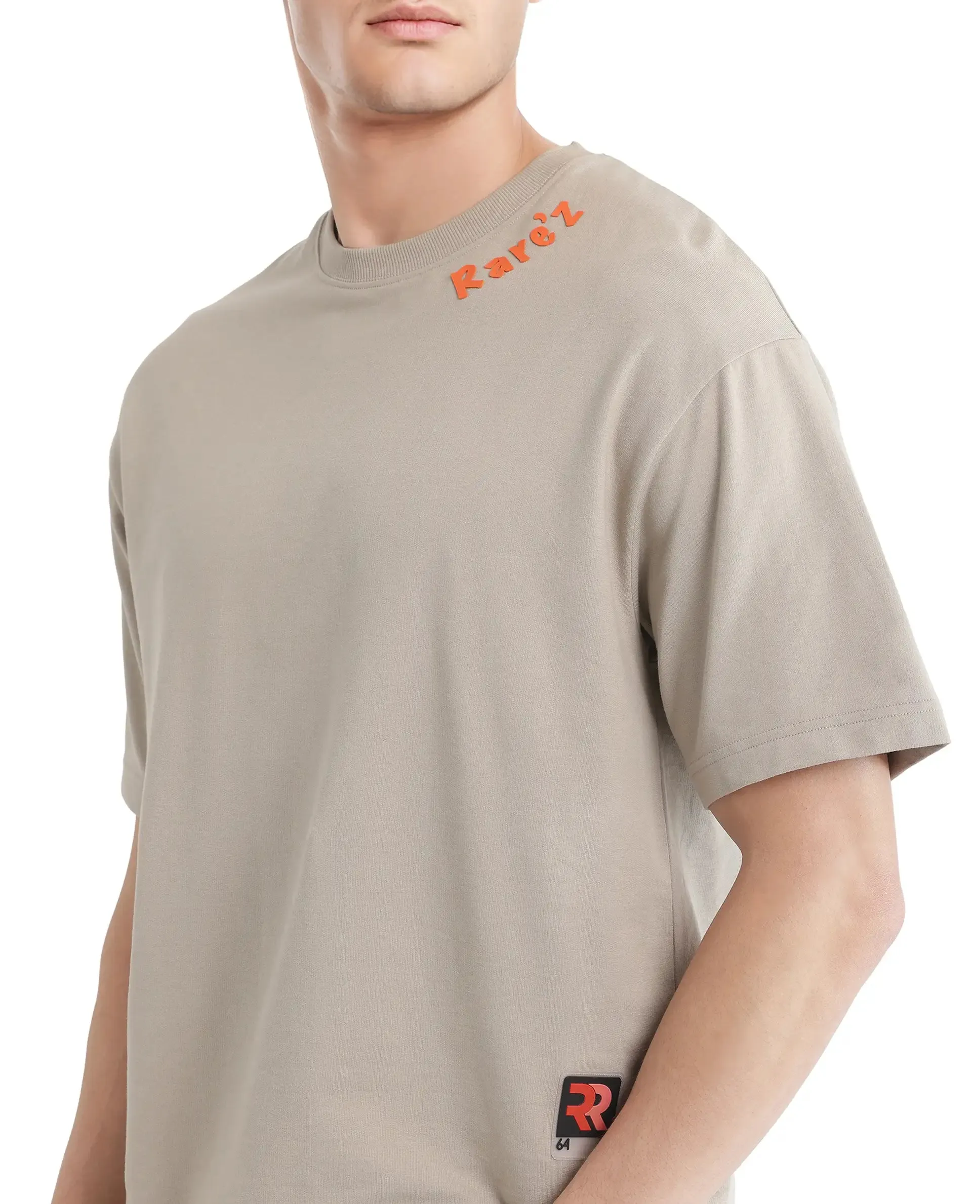 Rare Rabbit Men Clay Beige Cotton Fabric Short Sleeve Crew Neck Oversized Fit Graphic Backprint T-Shirt