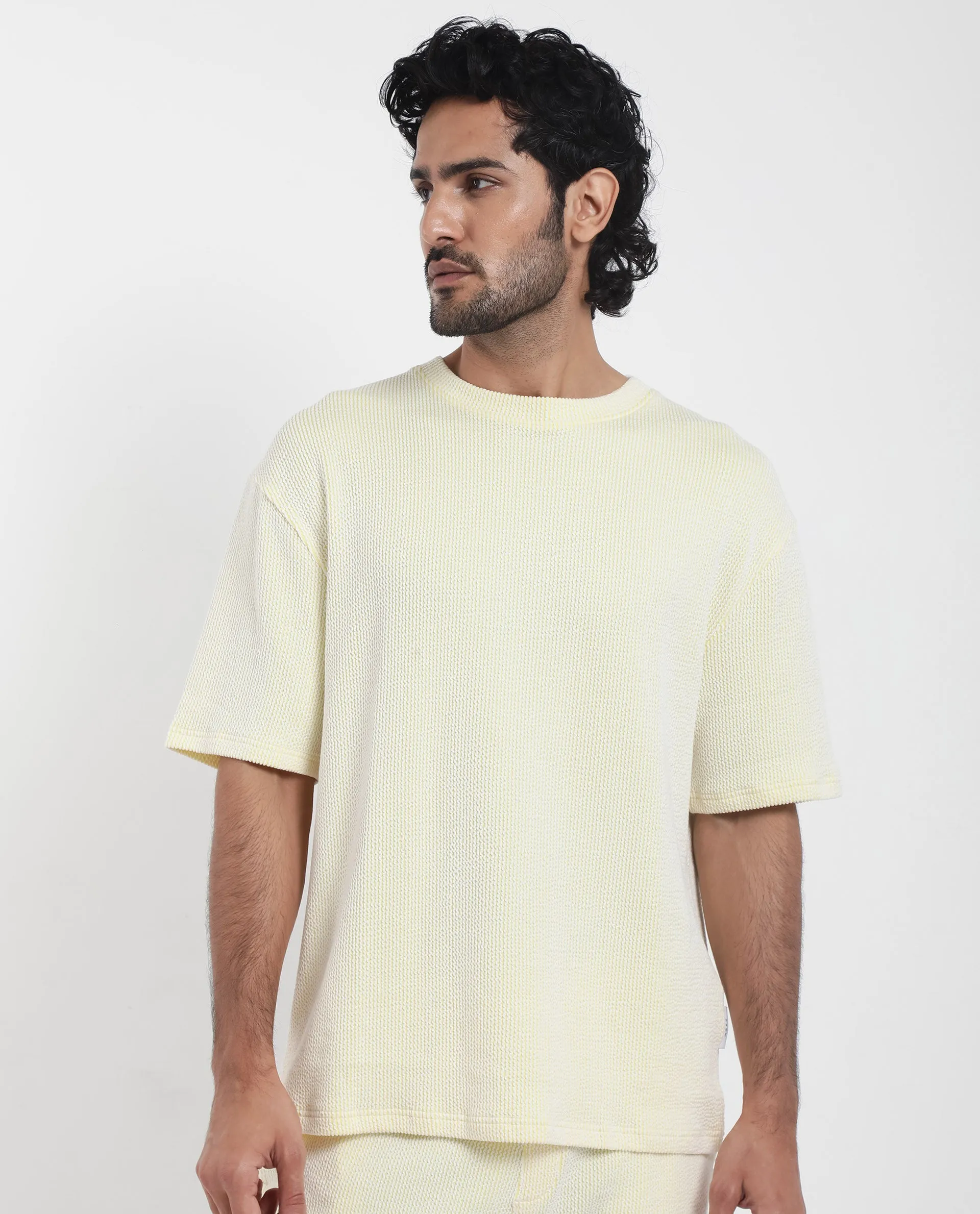 Rare Rabbit Men's Zavet-T Flouroscent Yellow Cotton Polyester Fabric Short Sleeves Crew Neck Oversized Fit T-Shirt