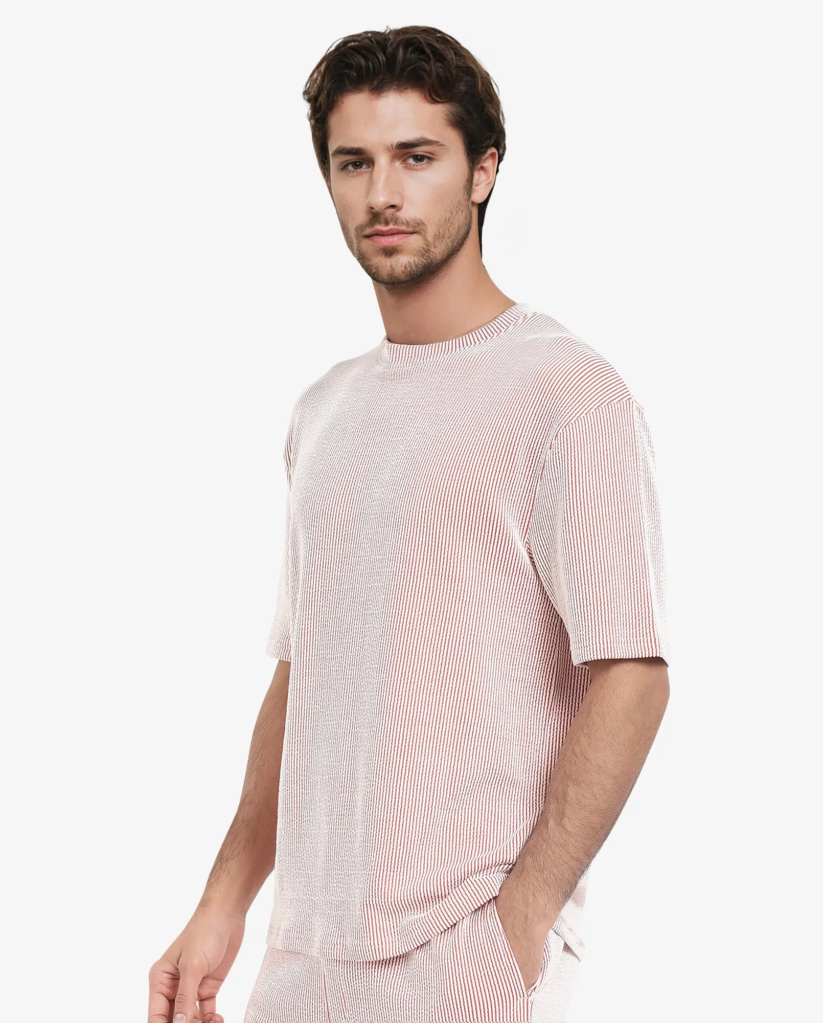 Rare Rabbit Men's Zavet-T Rust Cotton Polyester Fabric Short Sleeves Crew Neck Oversized Fit Self Stripe Textured T-Shirt