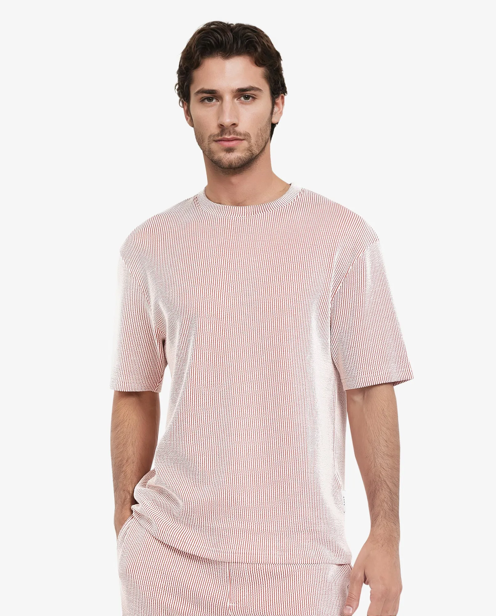 Rare Rabbit Men's Zavet-T Rust Cotton Polyester Fabric Short Sleeves Crew Neck Oversized Fit Self Stripe Textured T-Shirt