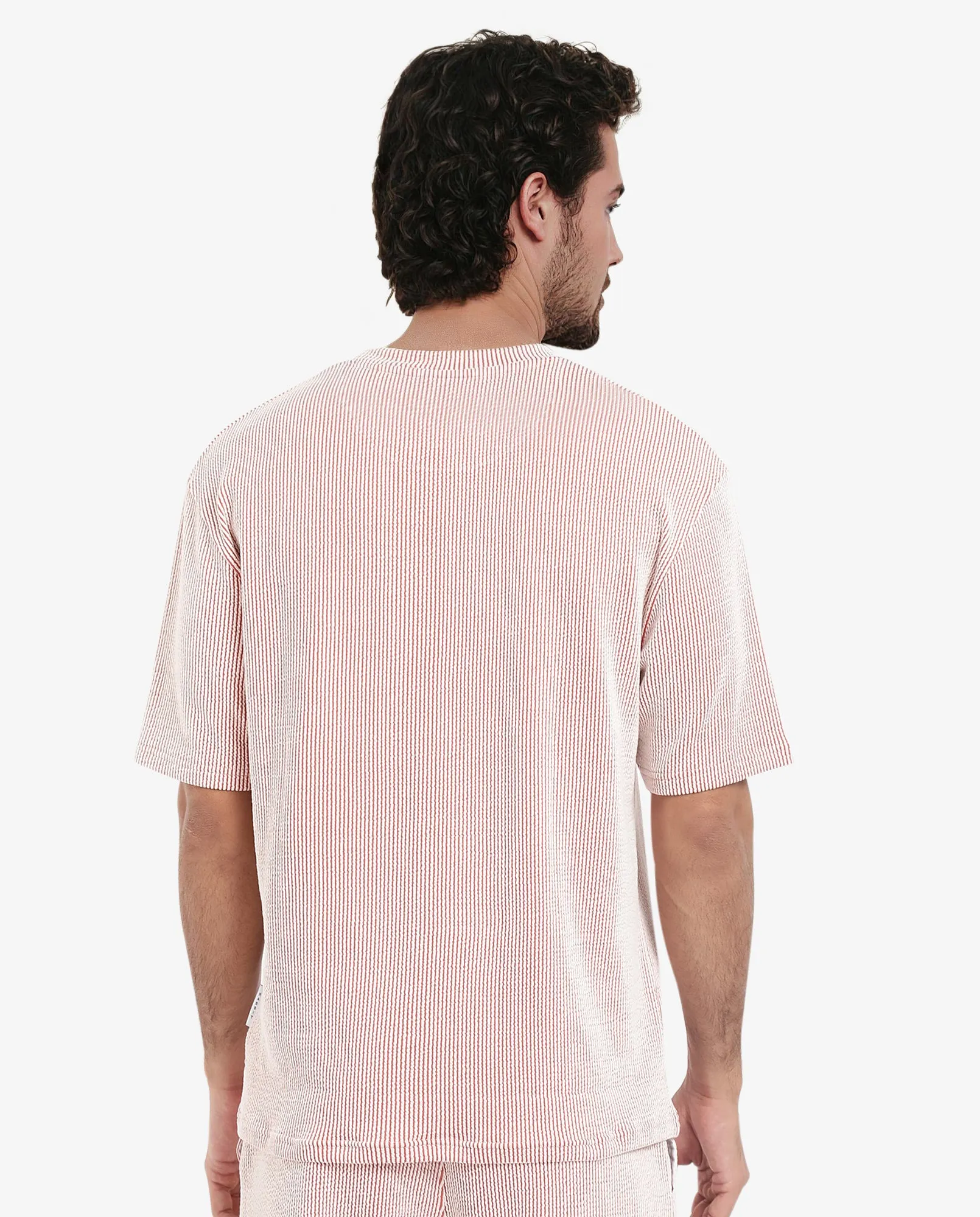 Rare Rabbit Men's Zavet-T Rust Cotton Polyester Fabric Short Sleeves Crew Neck Oversized Fit Self Stripe Textured T-Shirt