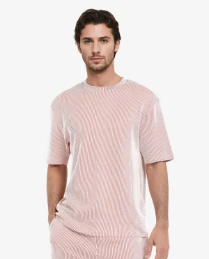 Rare Rabbit Men's Zavet-T Rust Cotton Polyester Fabric Short Sleeves Crew Neck Oversized Fit Self Stripe Textured T-Shirt