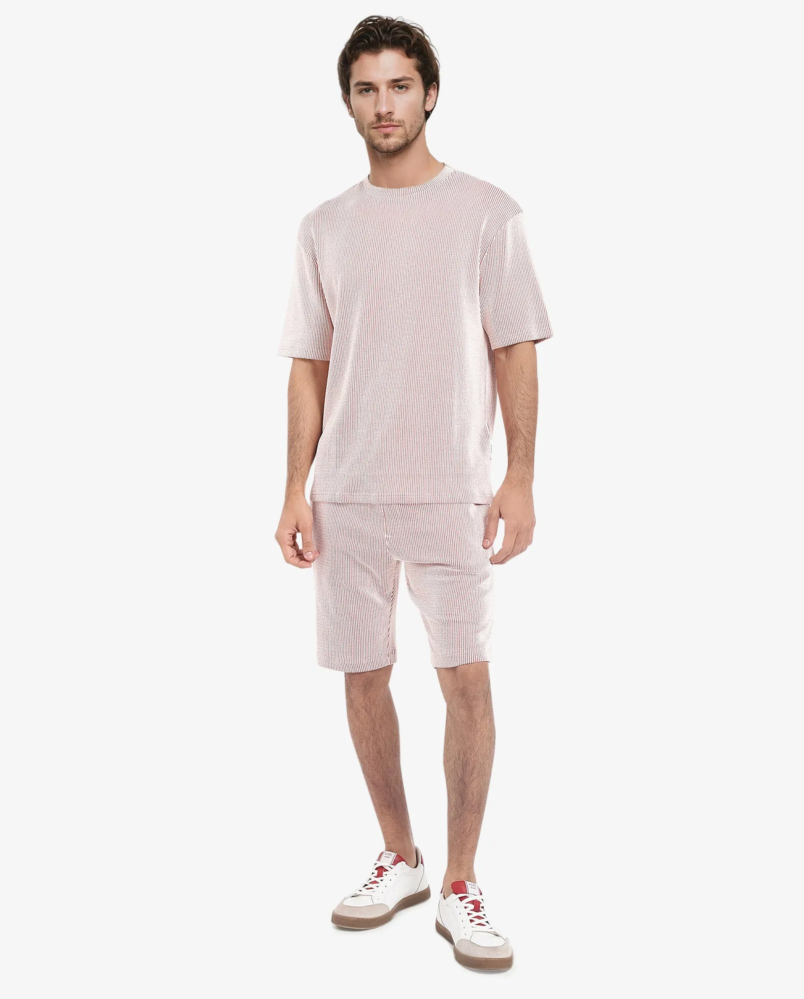 Rare Rabbit Men's Zavet-T Rust Cotton Polyester Fabric Short Sleeves Crew Neck Oversized Fit Self Stripe Textured T-Shirt