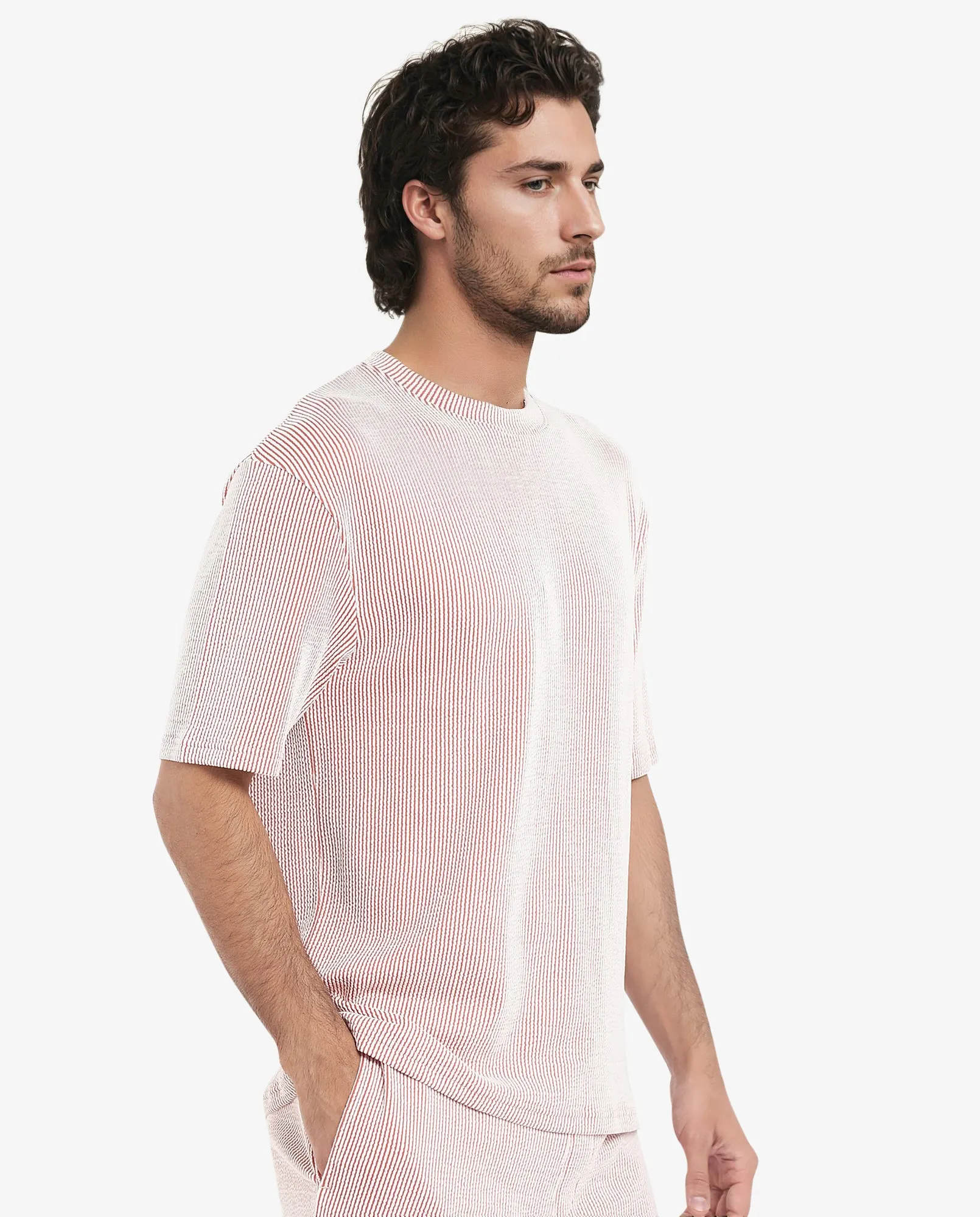 Rare Rabbit Men's Zavet-T Rust Cotton Polyester Fabric Short Sleeves Crew Neck Oversized Fit Self Stripe Textured T-Shirt