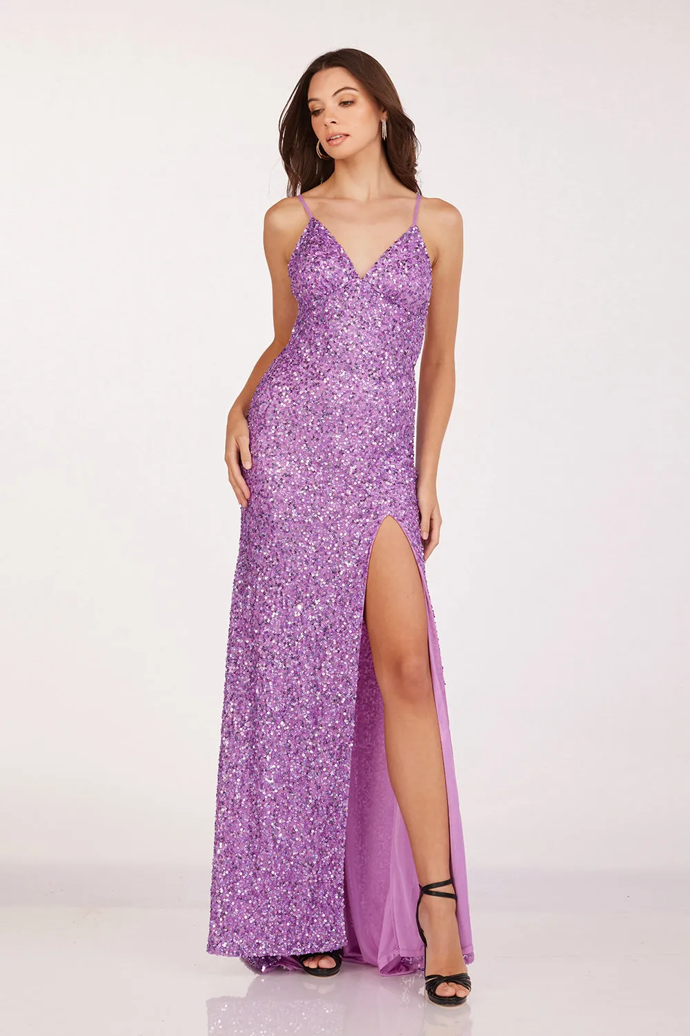 Sequin Fitted V-Neck Slit Gown by Abby Paris 92113