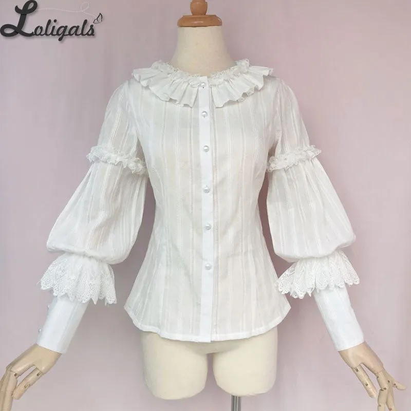 Sweet Women's Lolita Cotton Blouse White/Pink Long Sleeve Button Down Shirt by Yiliya