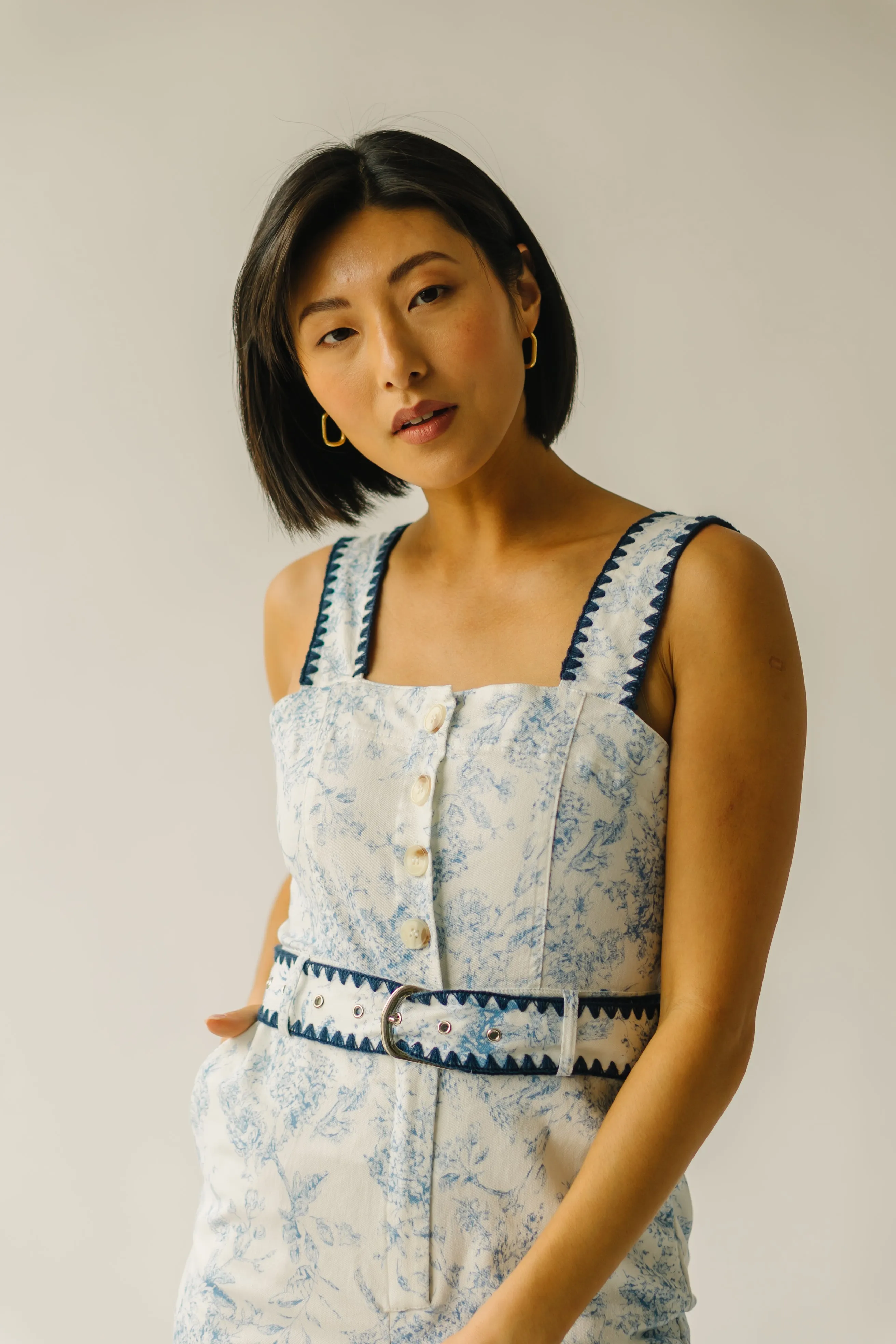 The Almada Belted Floral Jumpsuit in Ivory   Blue