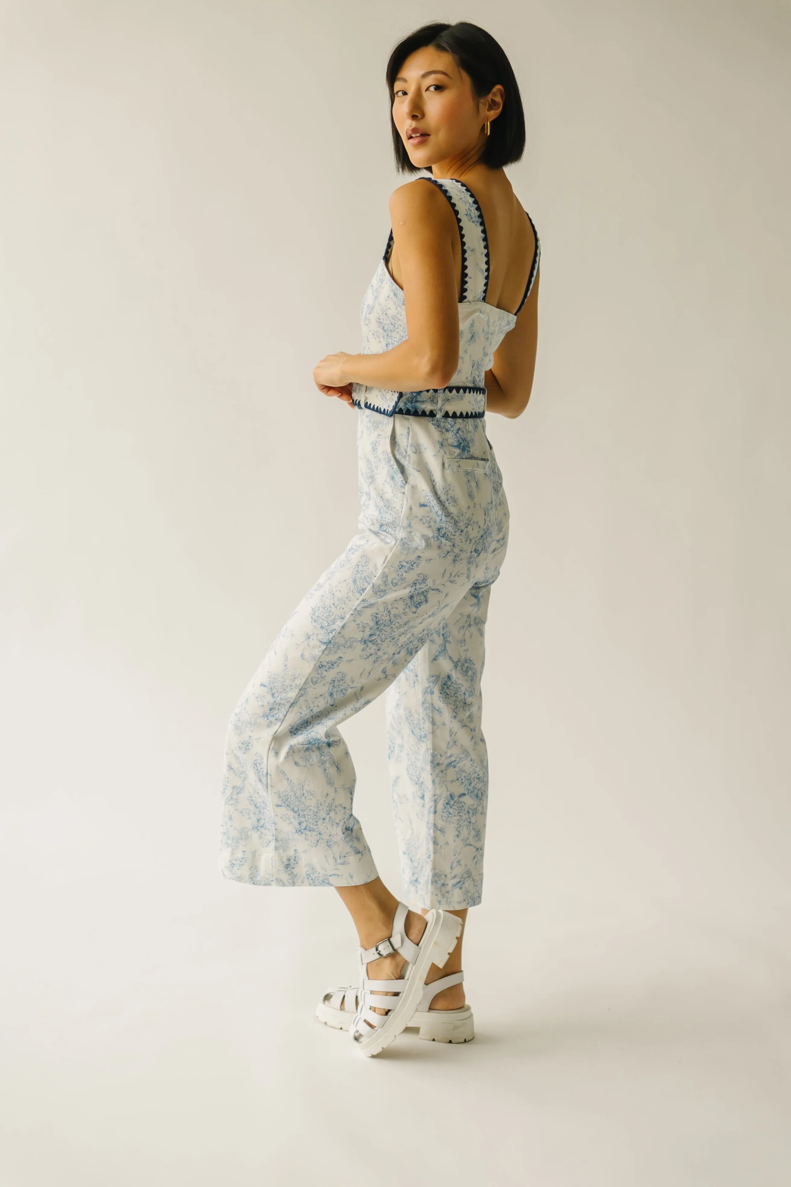 The Almada Belted Floral Jumpsuit in Ivory   Blue