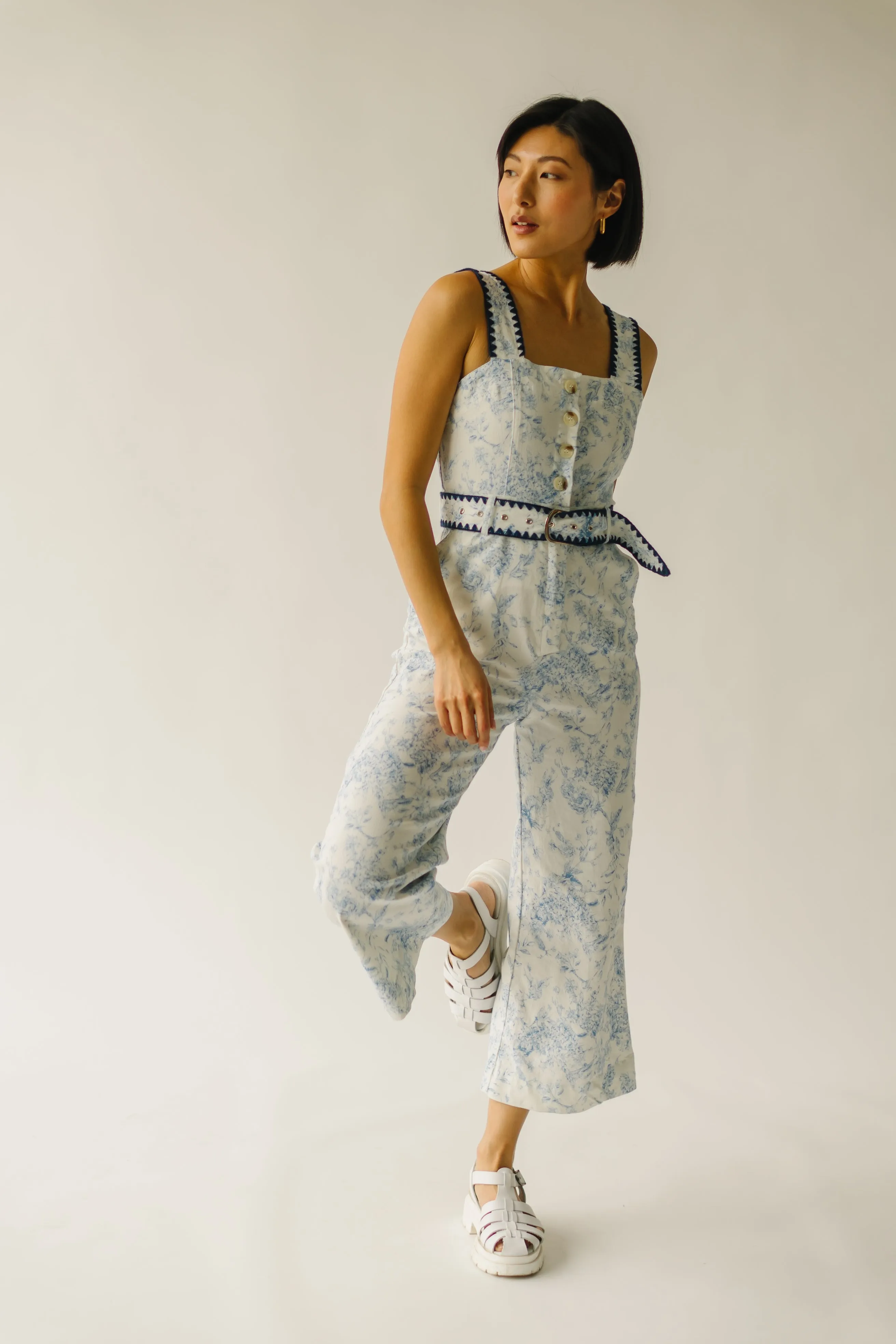 The Almada Belted Floral Jumpsuit in Ivory   Blue