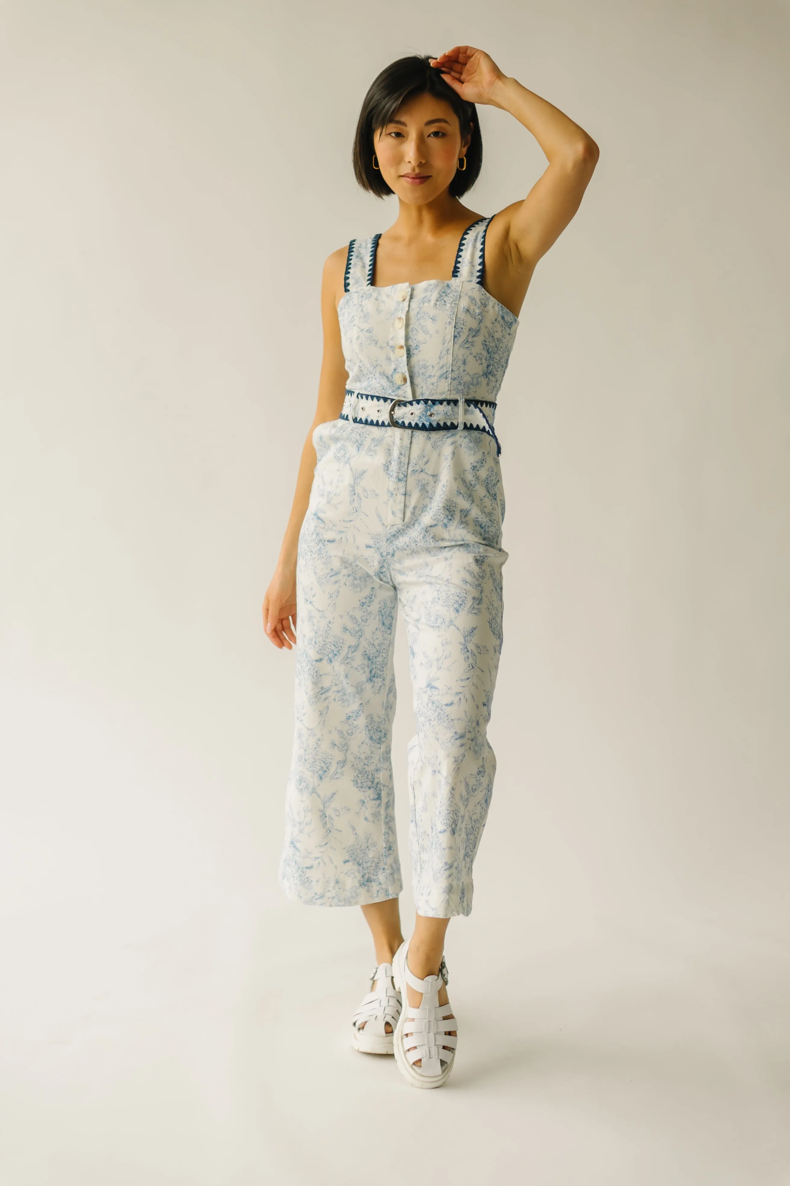The Almada Belted Floral Jumpsuit in Ivory   Blue