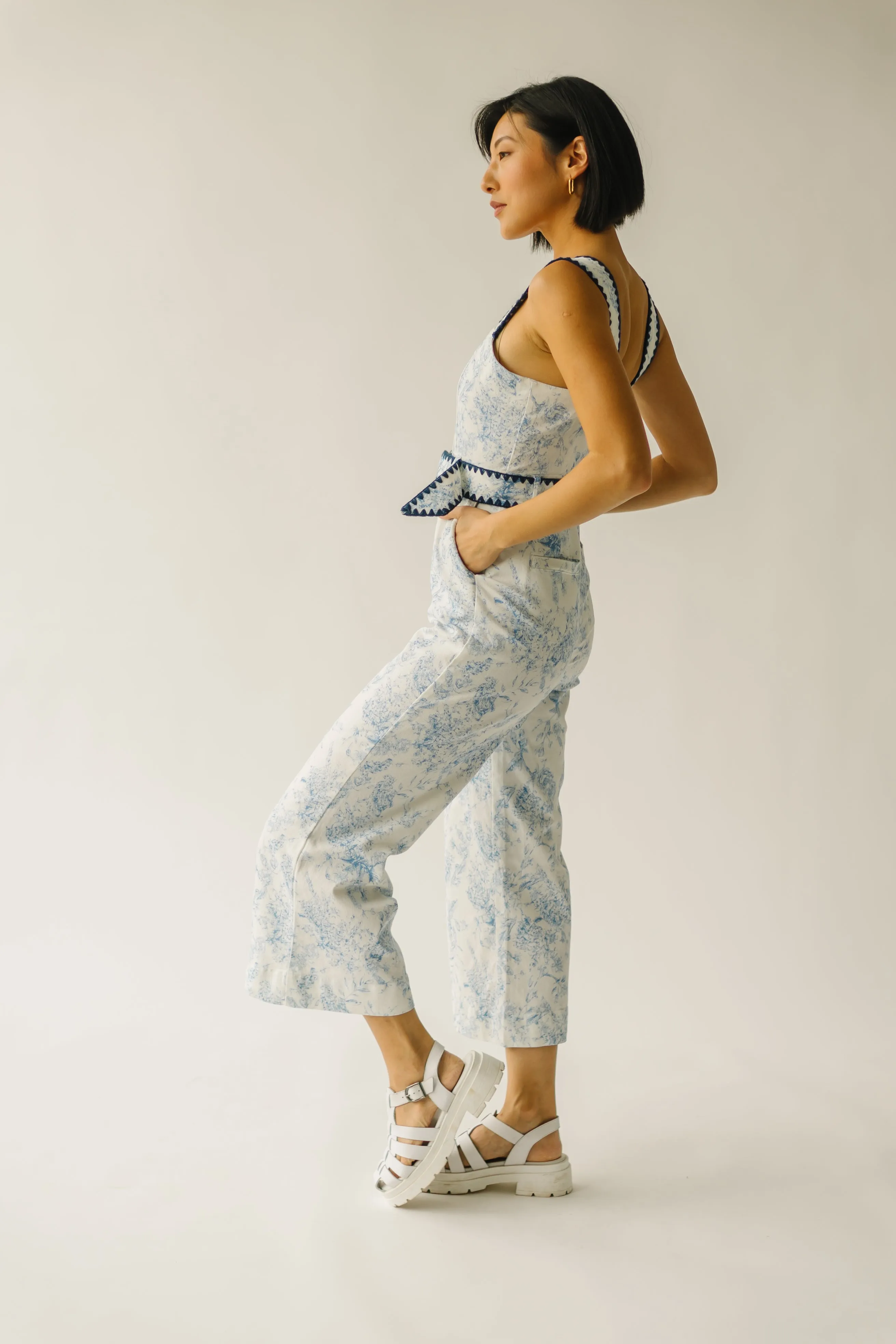 The Almada Belted Floral Jumpsuit in Ivory   Blue