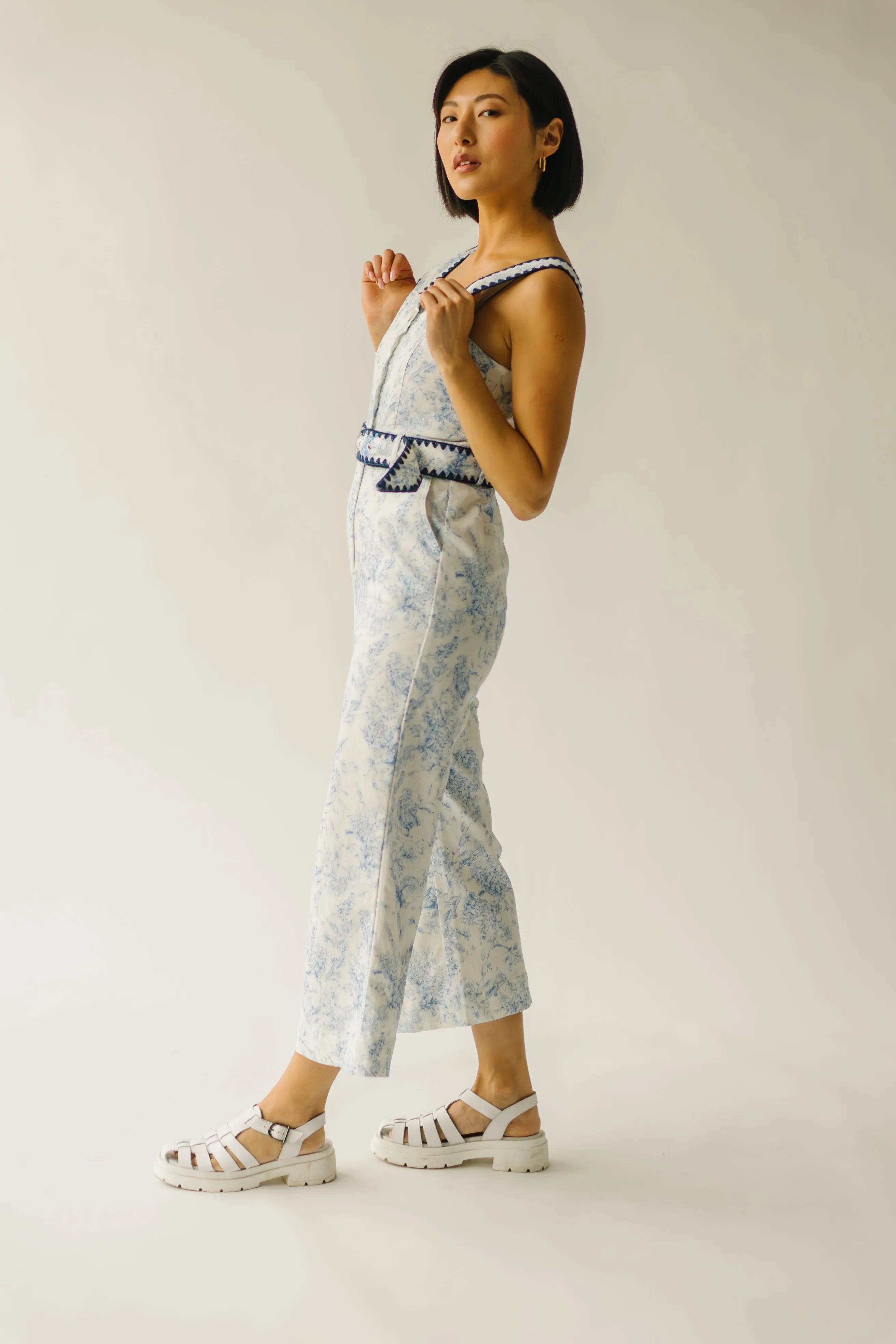 The Almada Belted Floral Jumpsuit in Ivory   Blue