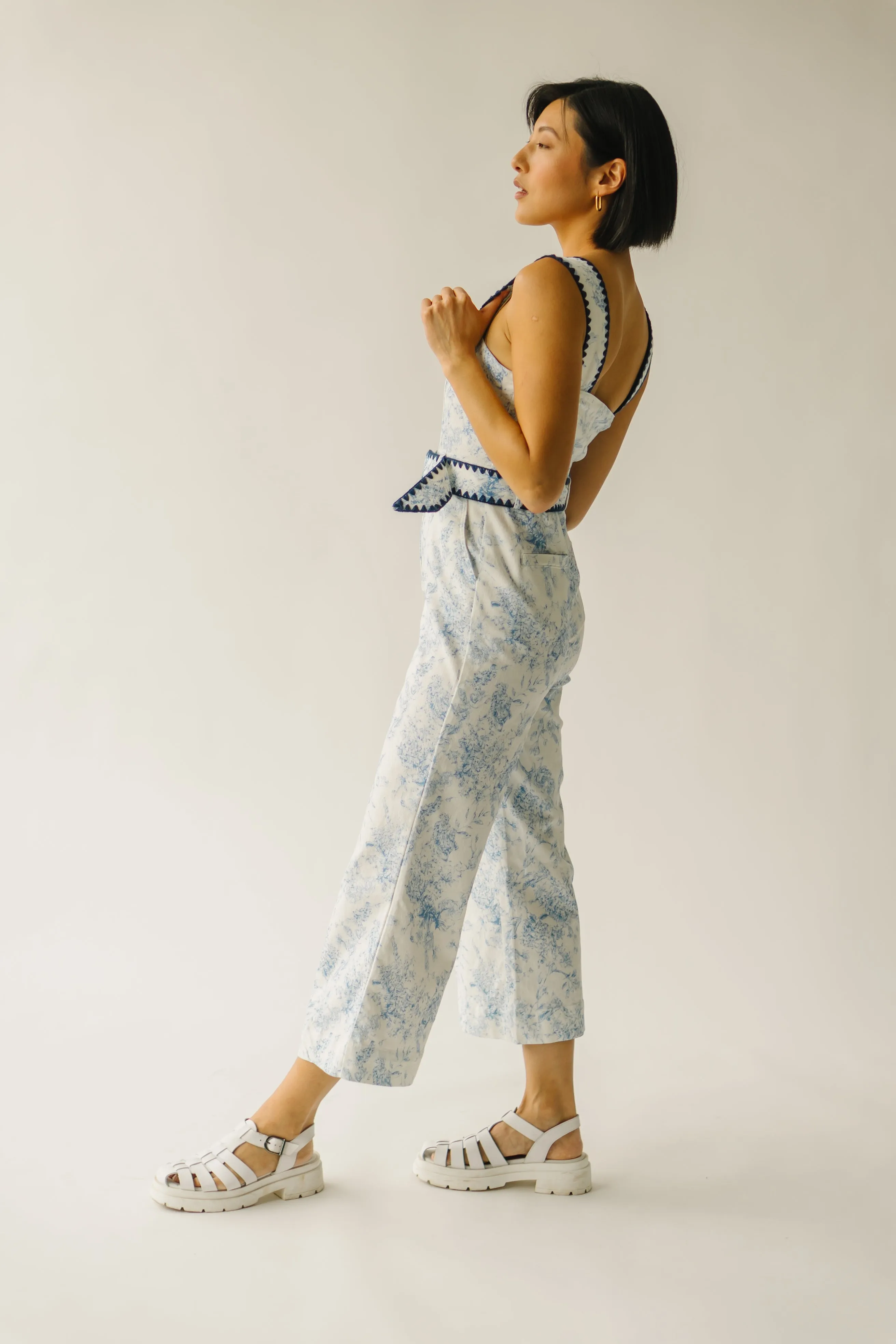 The Almada Belted Floral Jumpsuit in Ivory   Blue