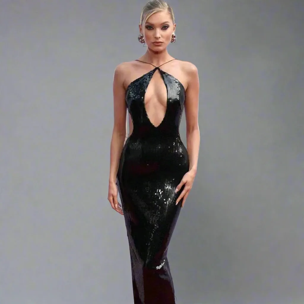 Trend4us Women's Sequin Backless Halter Maxi Dress