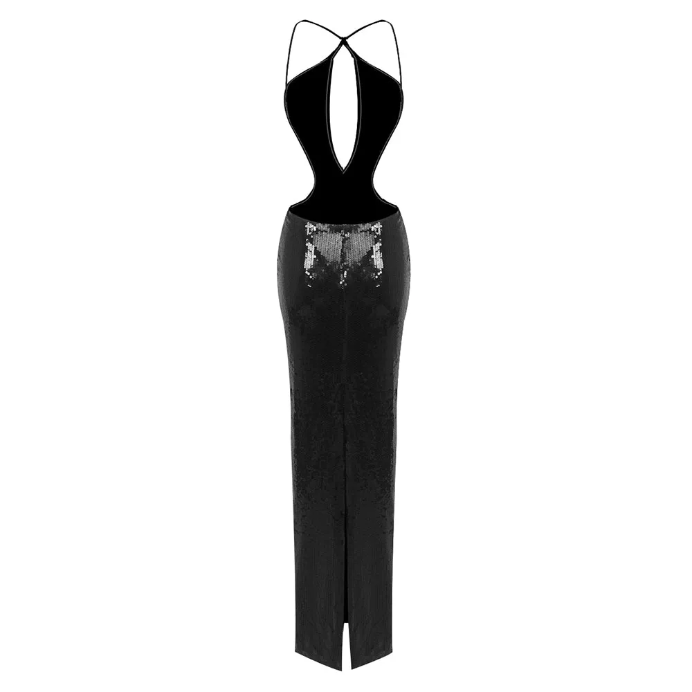 Trend4us Women's Sequin Backless Halter Maxi Dress