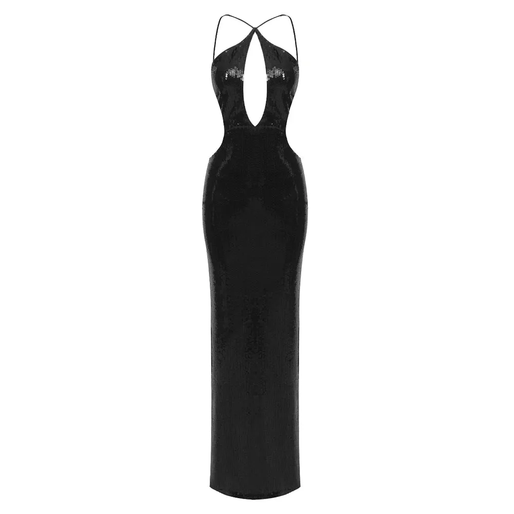 Trend4us Women's Sequin Backless Halter Maxi Dress