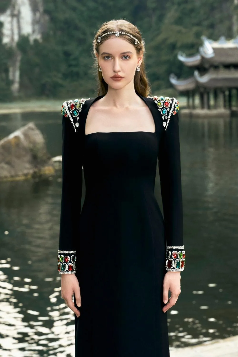 Venture Sheath Queen Anne Neck Velvet Floor Length Dress