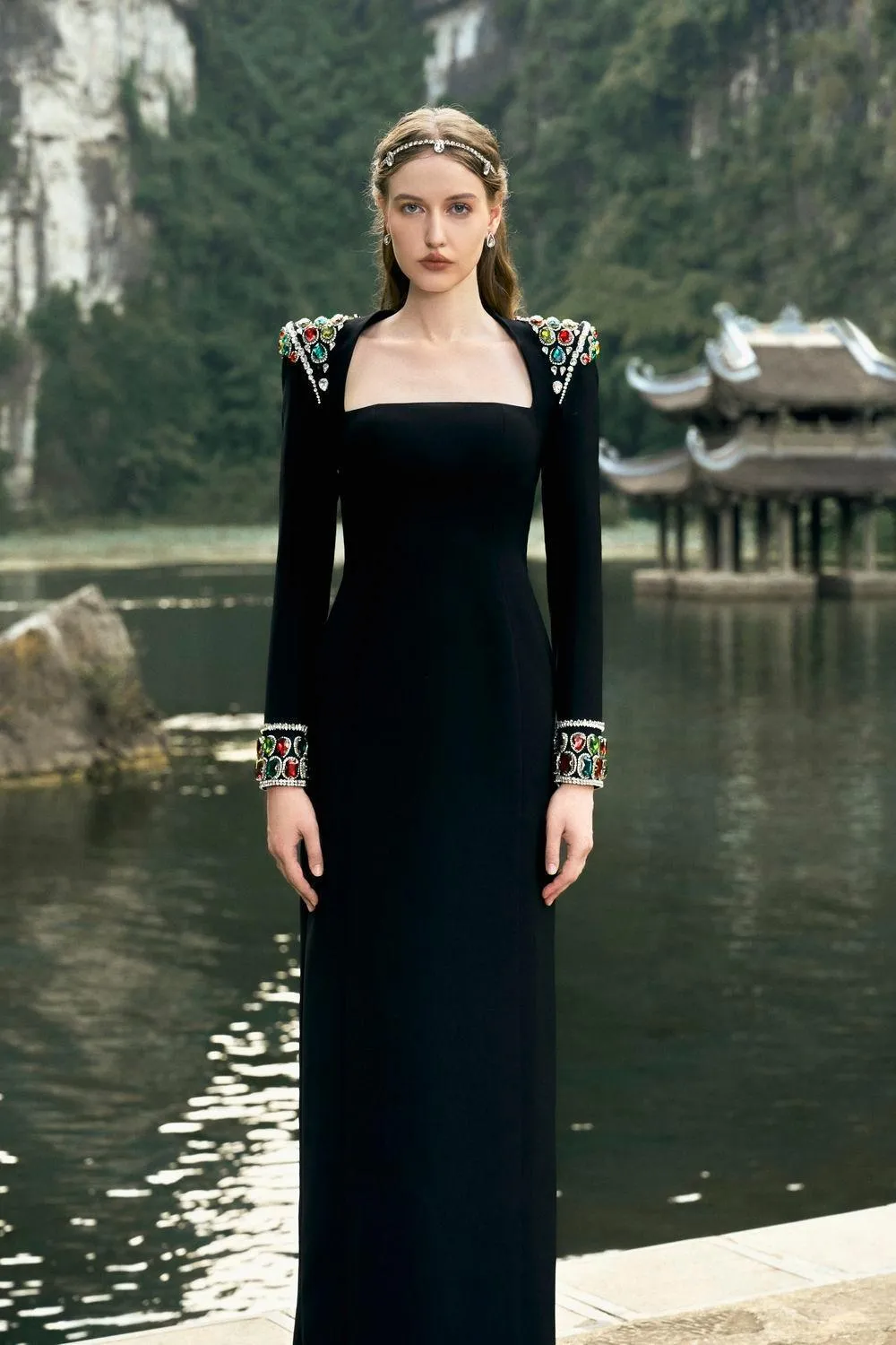 Venture Sheath Queen Anne Neck Velvet Floor Length Dress