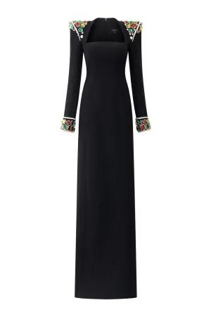 Venture Sheath Queen Anne Neck Velvet Floor Length Dress