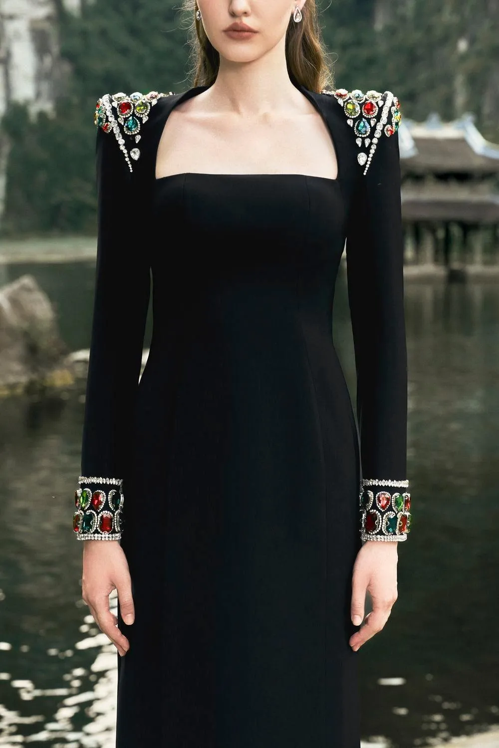 Venture Sheath Queen Anne Neck Velvet Floor Length Dress