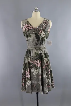Vintage 1950s Cotton Sundress Olive Green & Pink Floral Print