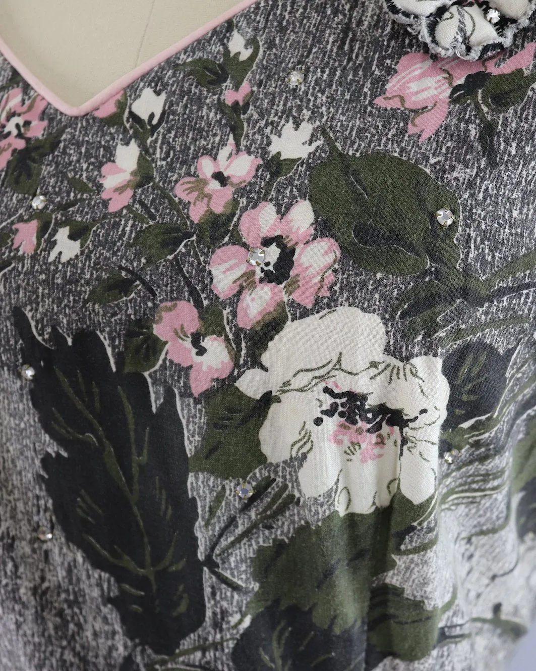 Vintage 1950s Cotton Sundress Olive Green & Pink Floral Print