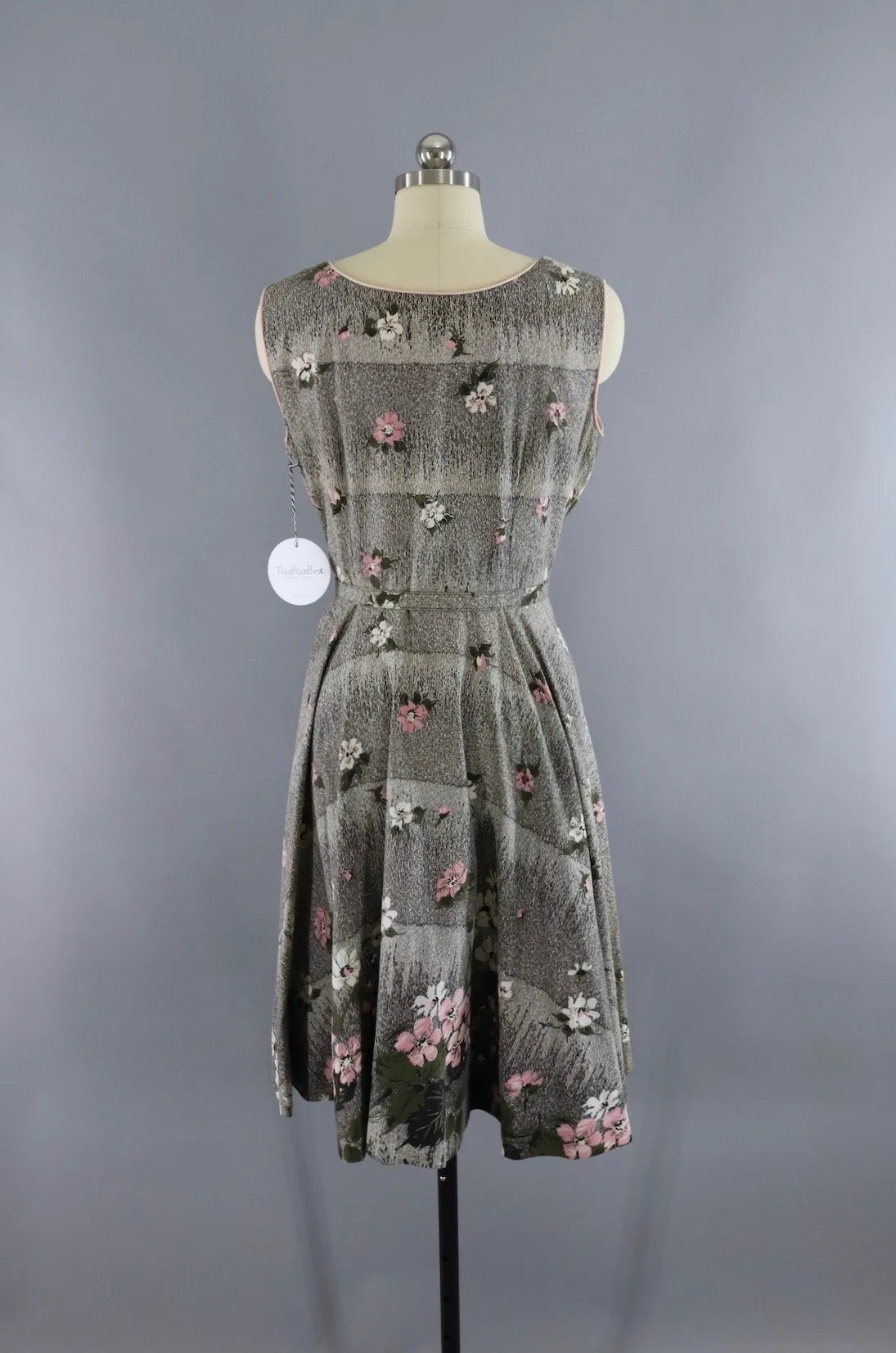 Vintage 1950s Cotton Sundress Olive Green & Pink Floral Print