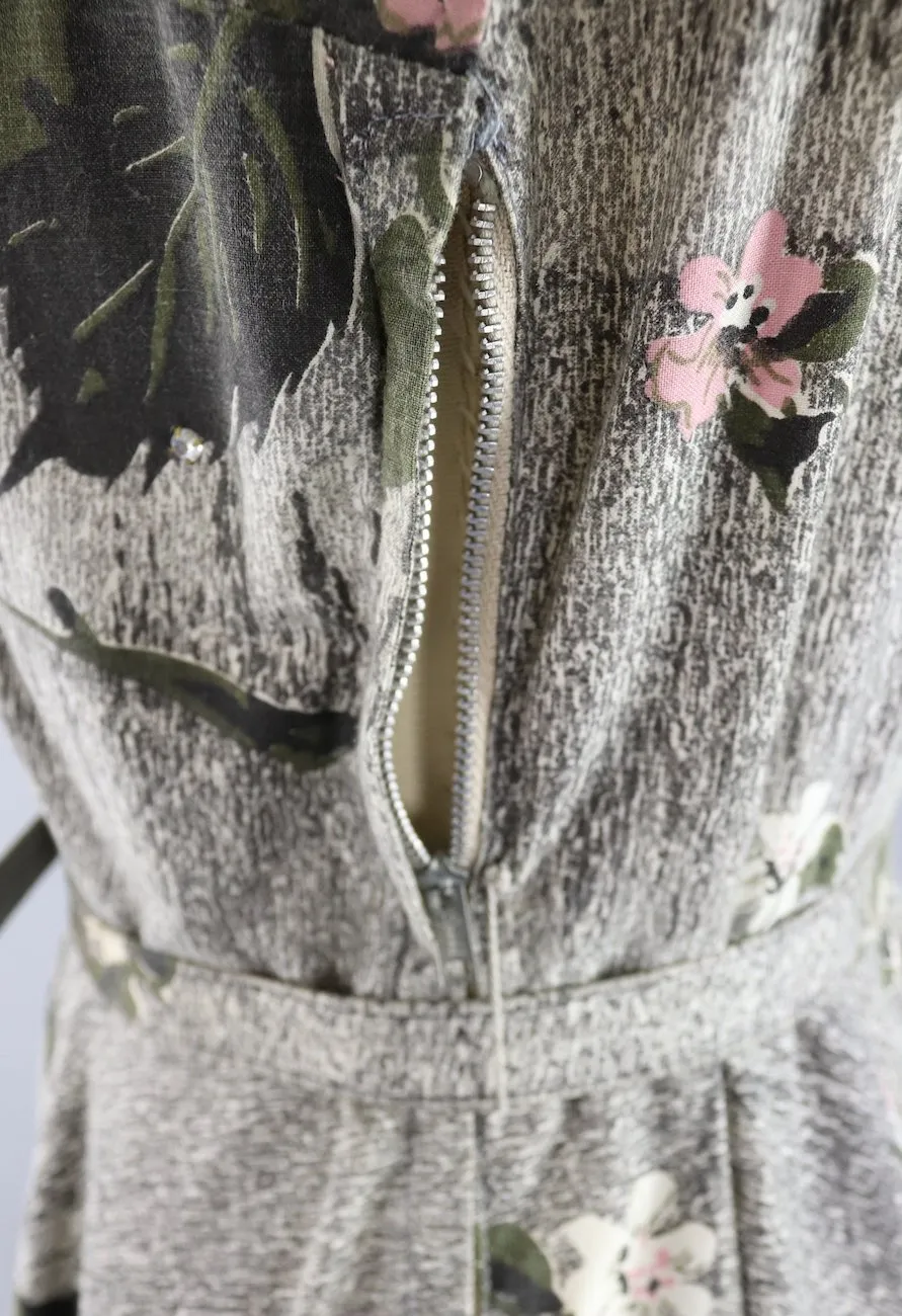 Vintage 1950s Cotton Sundress Olive Green & Pink Floral Print