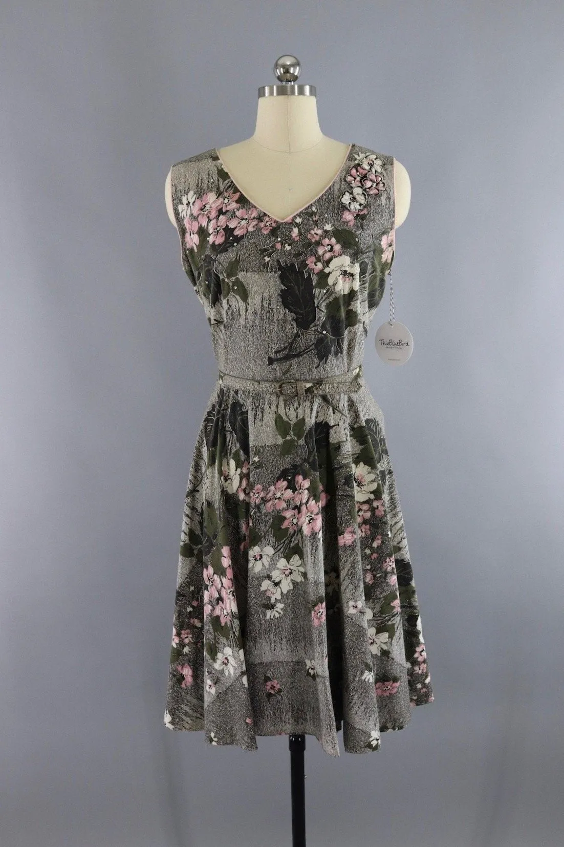 Vintage 1950s Cotton Sundress Olive Green & Pink Floral Print
