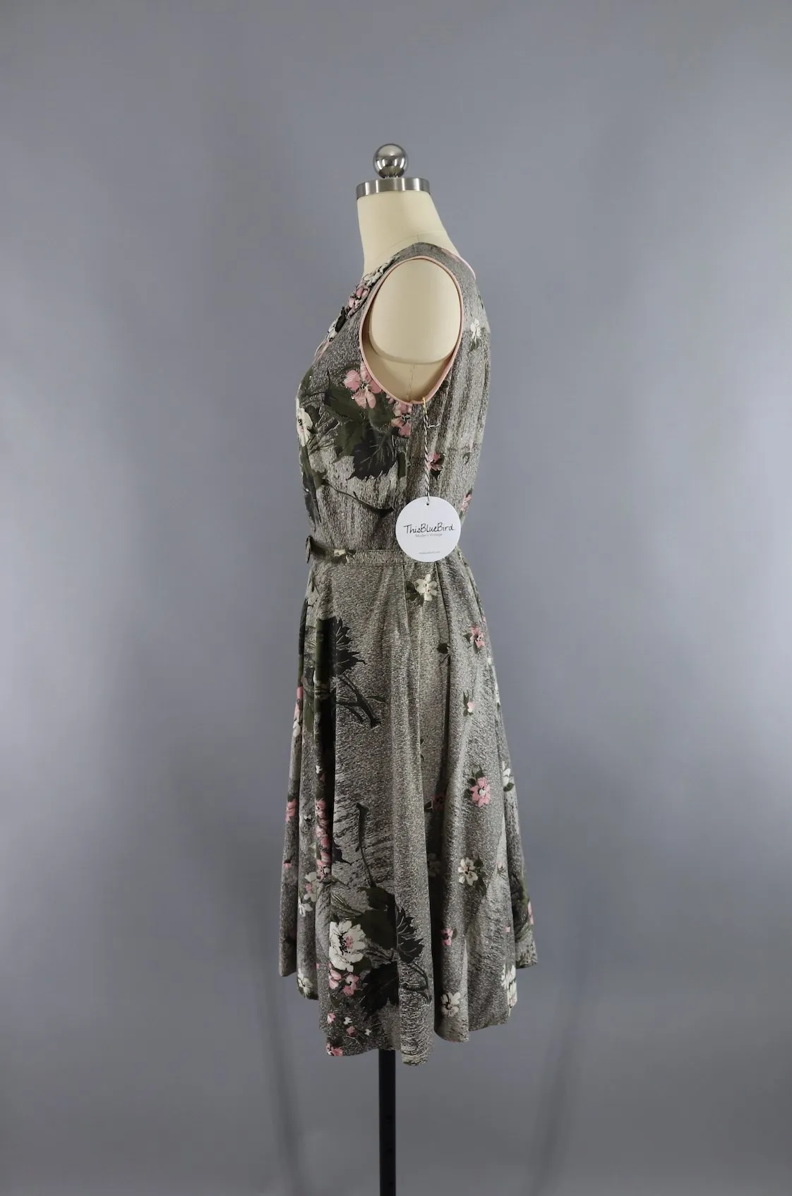 Vintage 1950s Cotton Sundress Olive Green & Pink Floral Print